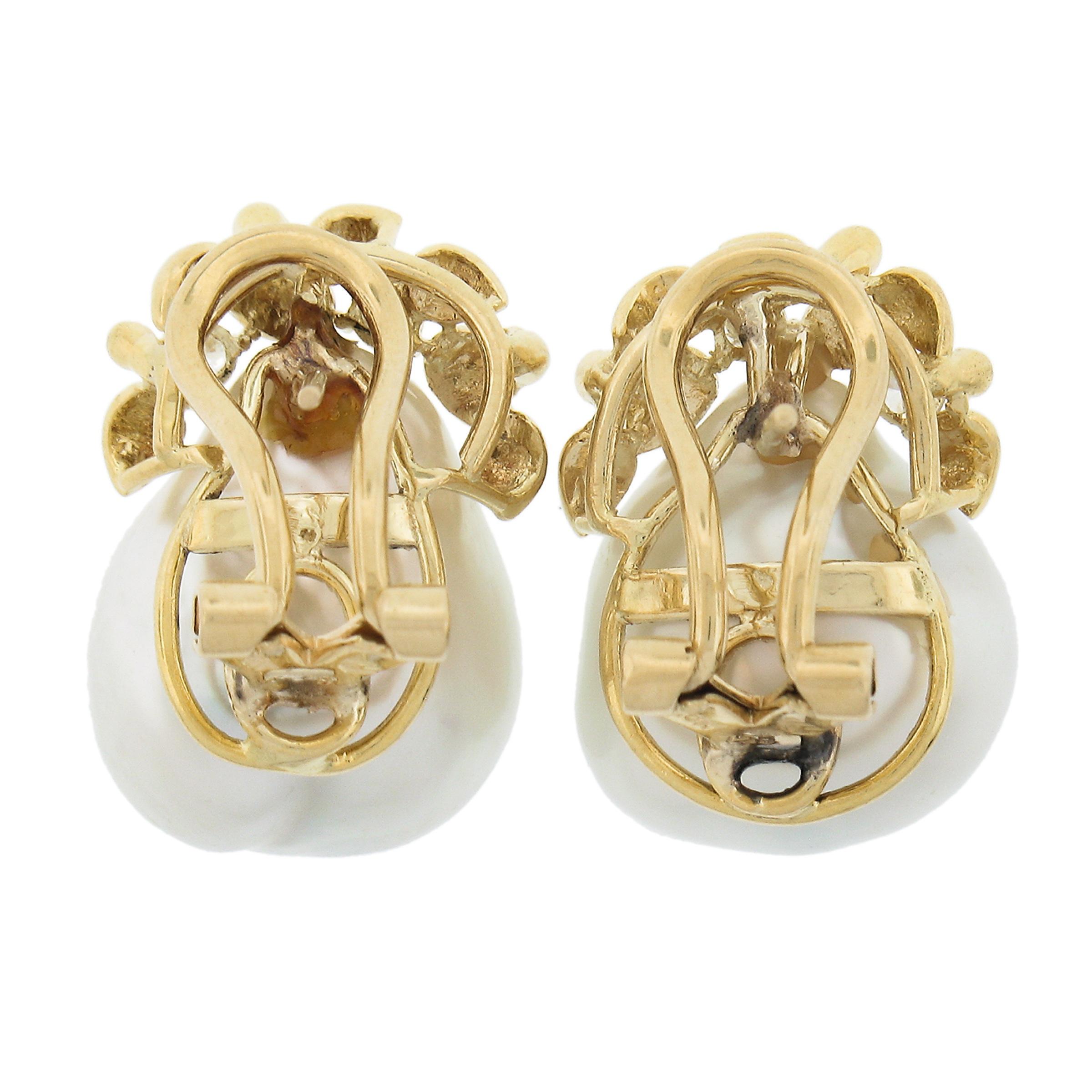 Women's Vintage 18K Yellow Gold 14mm South Sea Pearls w/ 0.20ctw Diamonds Omega Earrings For Sale