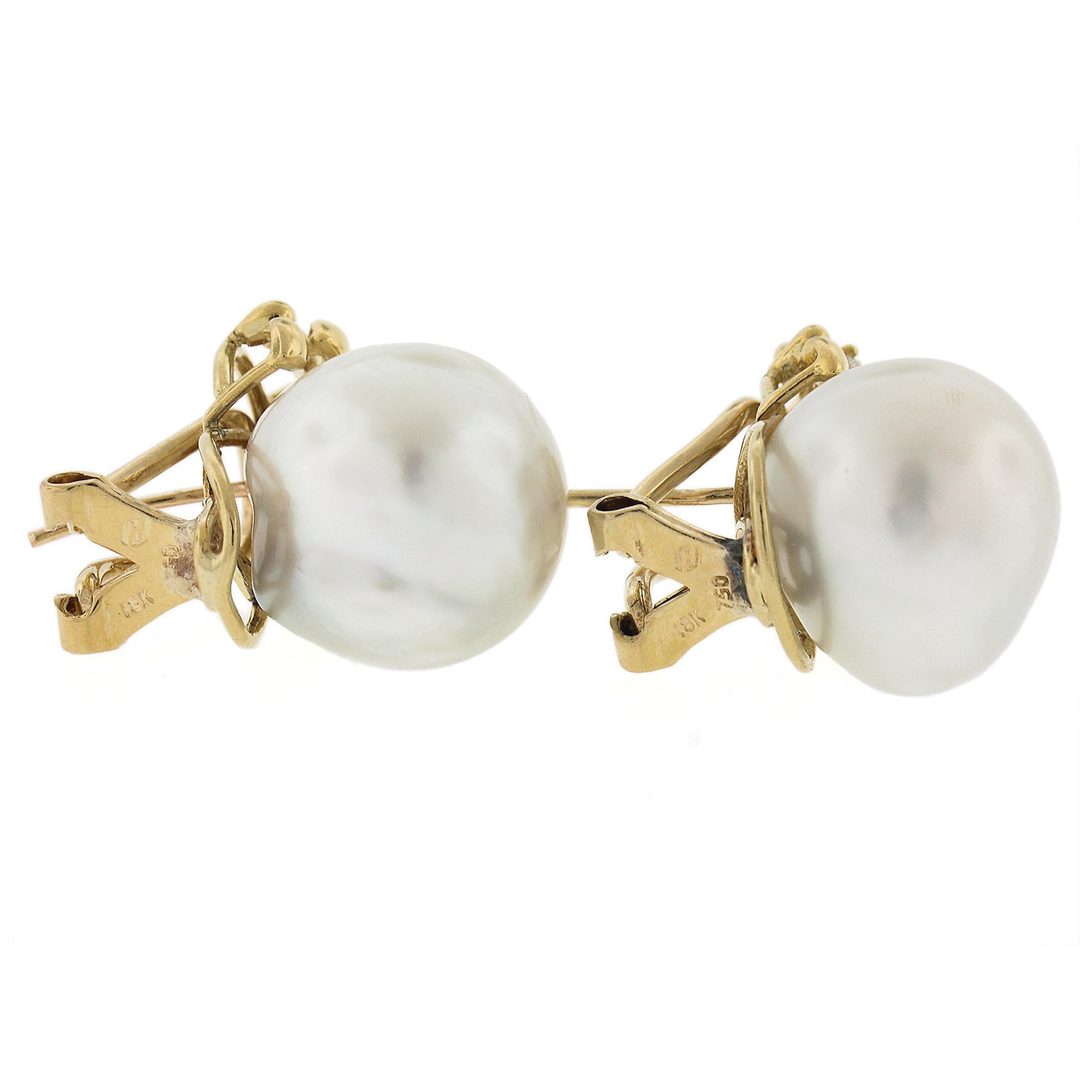 Vintage 18K Yellow Gold 14mm South Sea Pearls w/ 0.20ctw Diamonds Omega Earrings For Sale 2