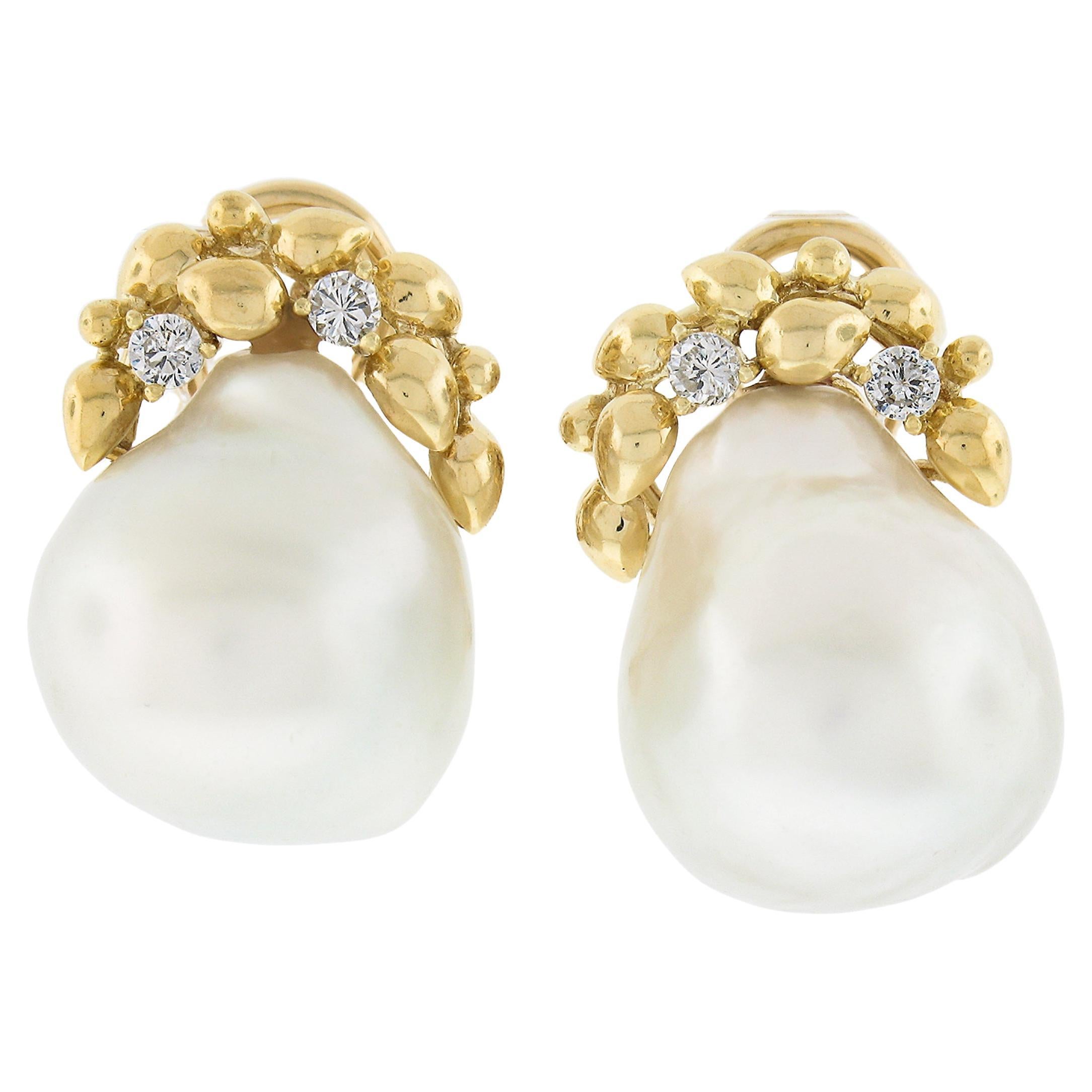 Vintage 18K Yellow Gold 14mm South Sea Pearls w/ 0.20ctw Diamonds Omega Earrings For Sale