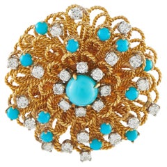 Vintage 18K Yellow Gold 1.58ct Diamond and Turquoise Brooch MF01-061826
