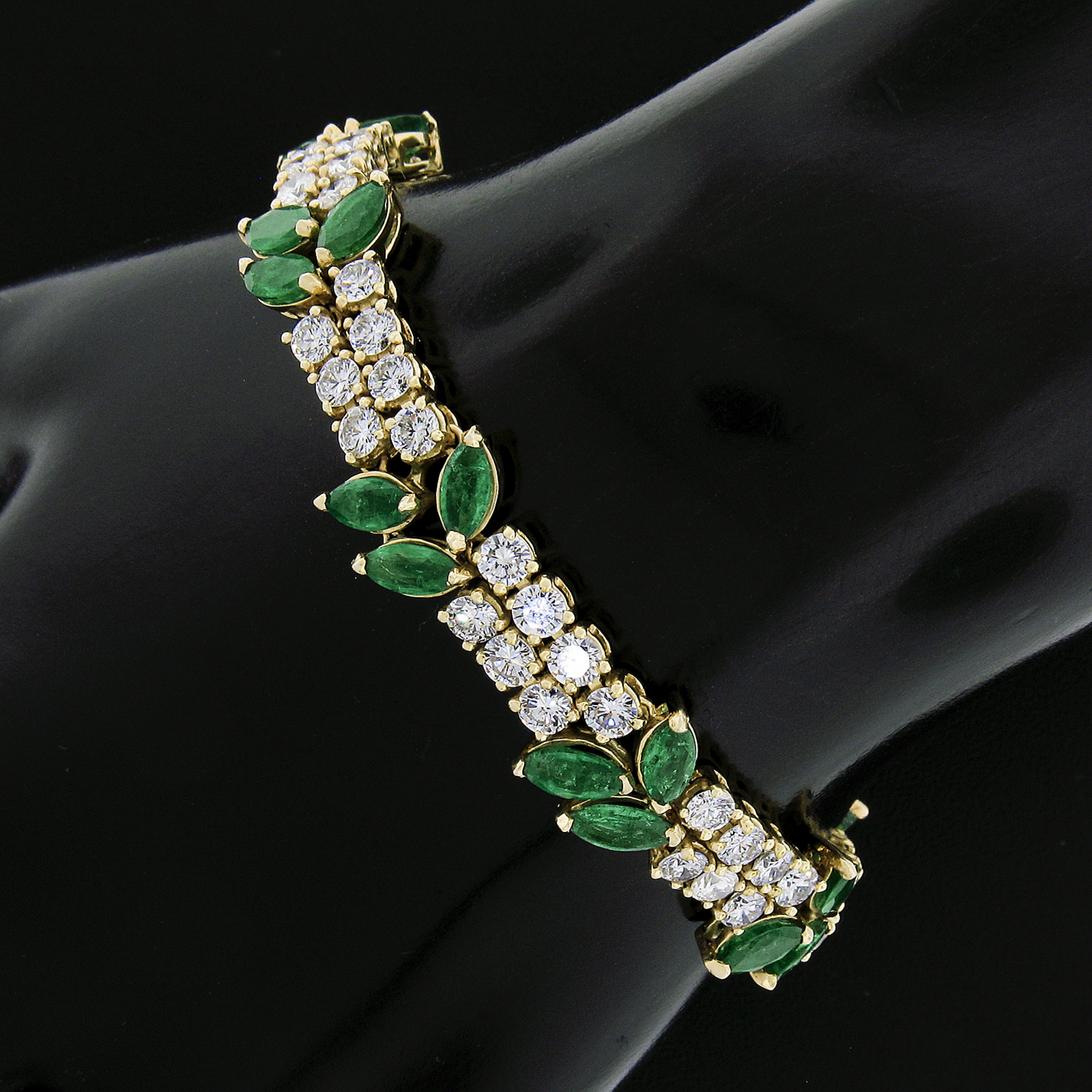 Marquise Cut Vintage 18k Yellow Gold 17ctw Marquise Emerald & Diamond Floral Line Bracelet For Sale