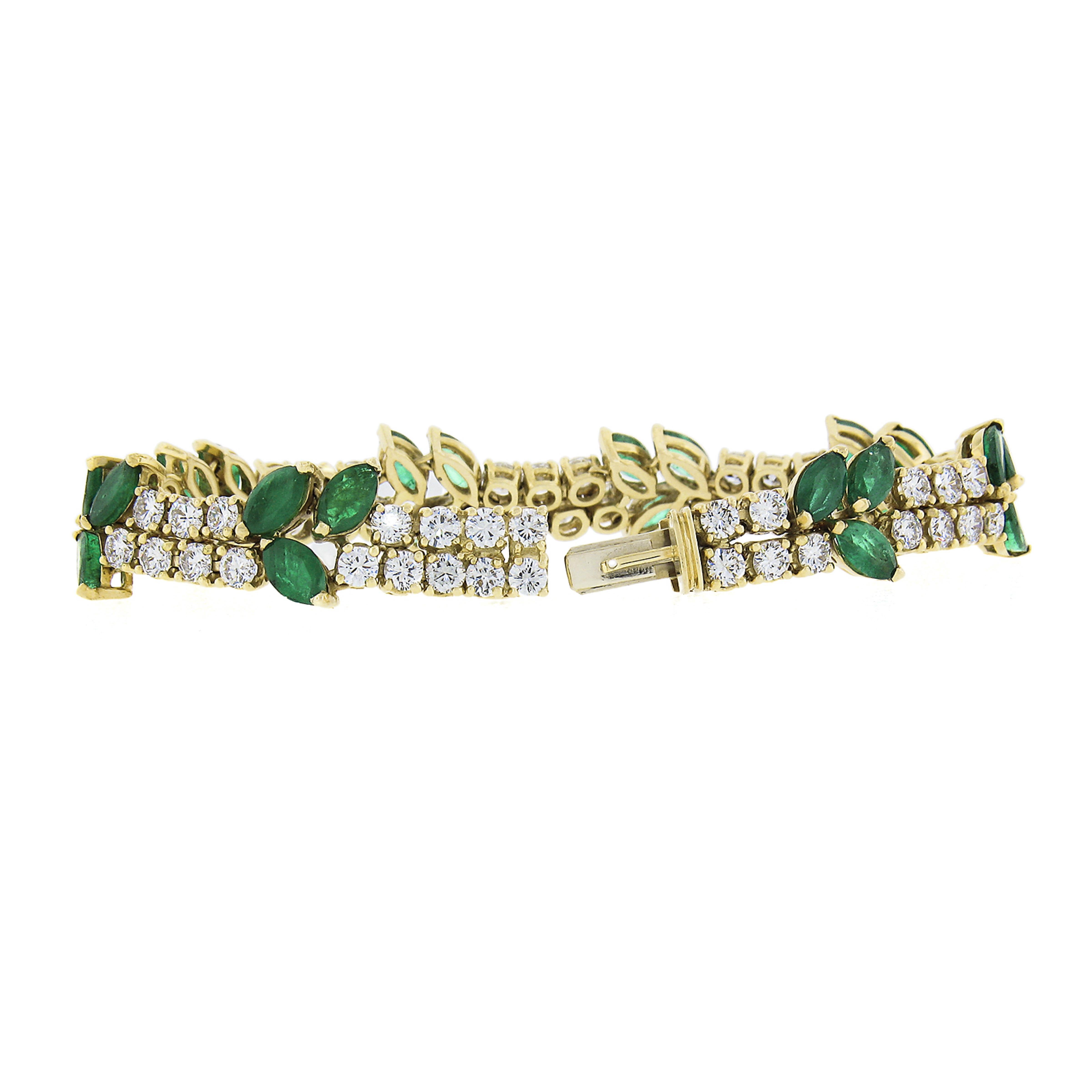 Vintage 18k Yellow Gold 17ctw Marquise Emerald & Diamond Floral Line Bracelet In Excellent Condition For Sale In Montclair, NJ