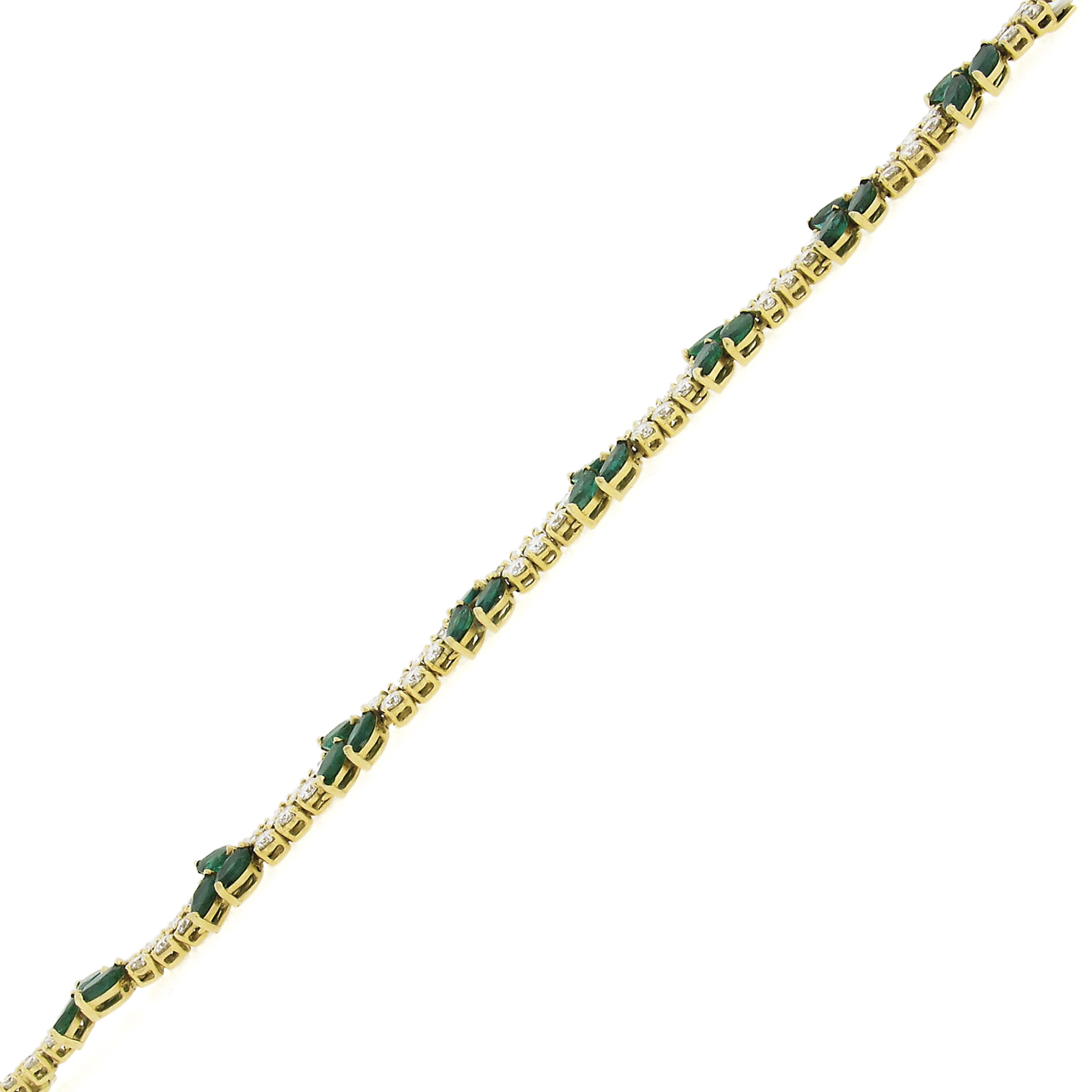 Women's Vintage 18k Yellow Gold 17ctw Marquise Emerald & Diamond Floral Line Bracelet For Sale