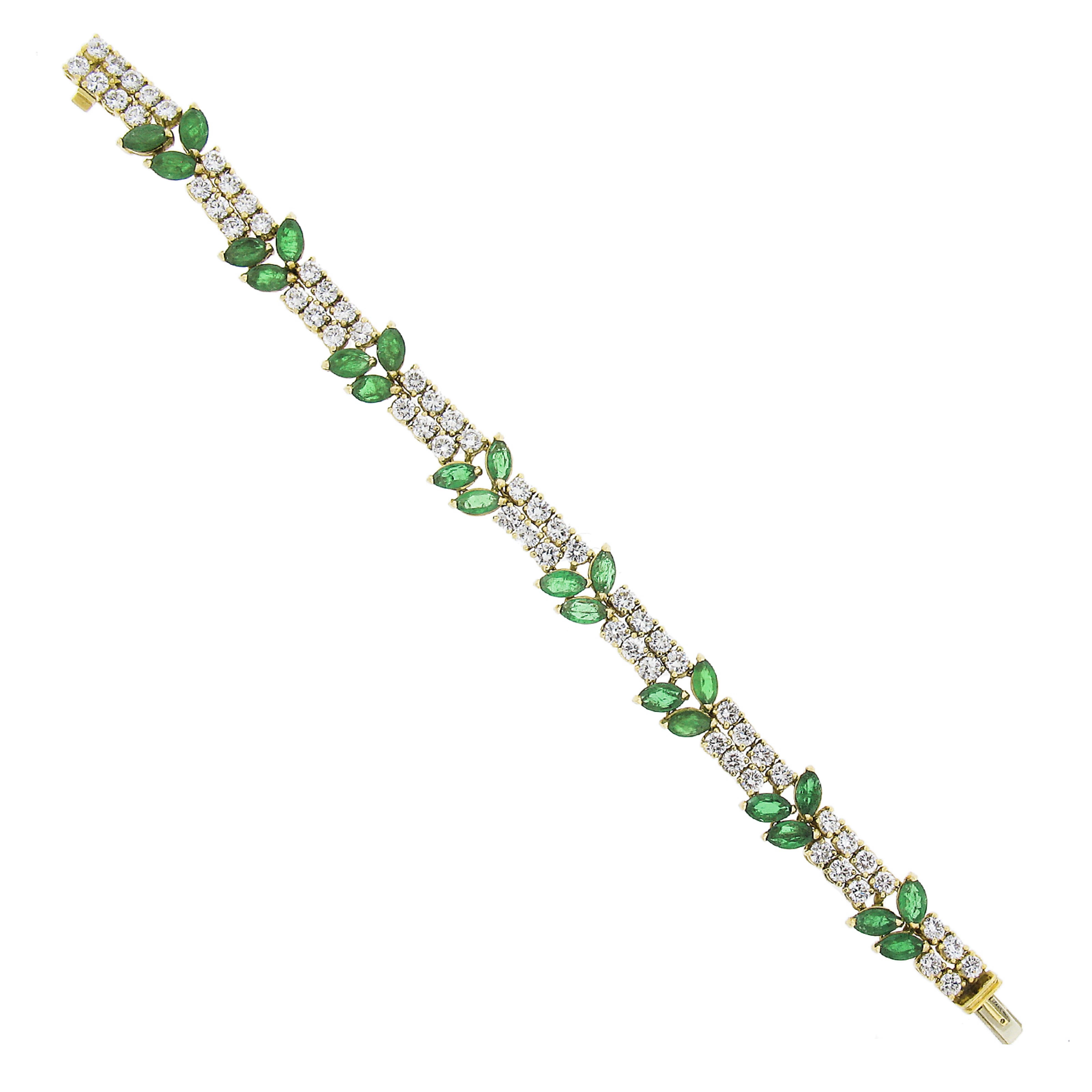 Vintage 18k Yellow Gold 17ctw Marquise Emerald & Diamond Floral Line Bracelet For Sale 1