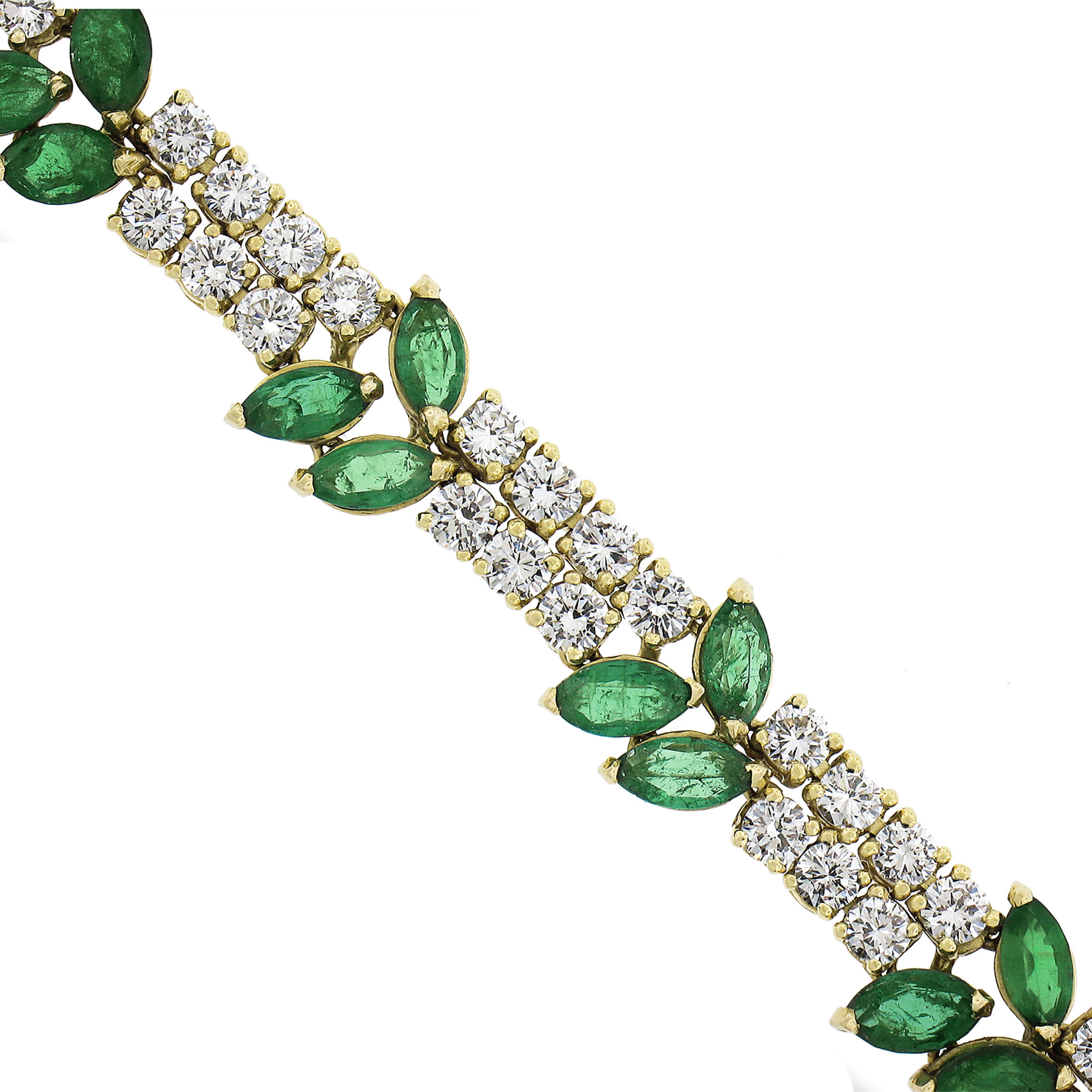 Vintage 18k Yellow Gold 17ctw Marquise Emerald & Diamond Floral Line Bracelet For Sale 2