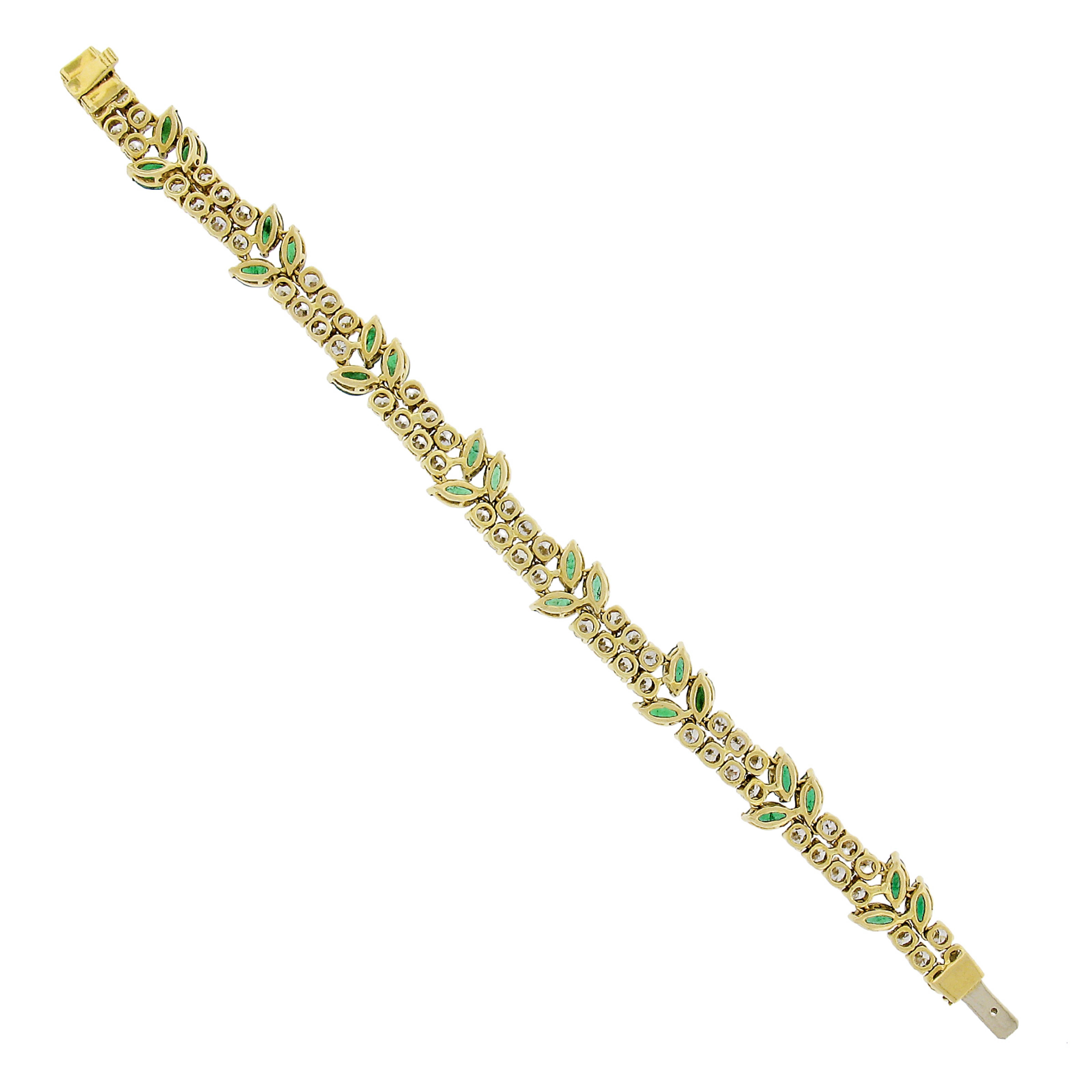 Vintage 18k Yellow Gold 17ctw Marquise Emerald & Diamond Floral Line Bracelet For Sale 3