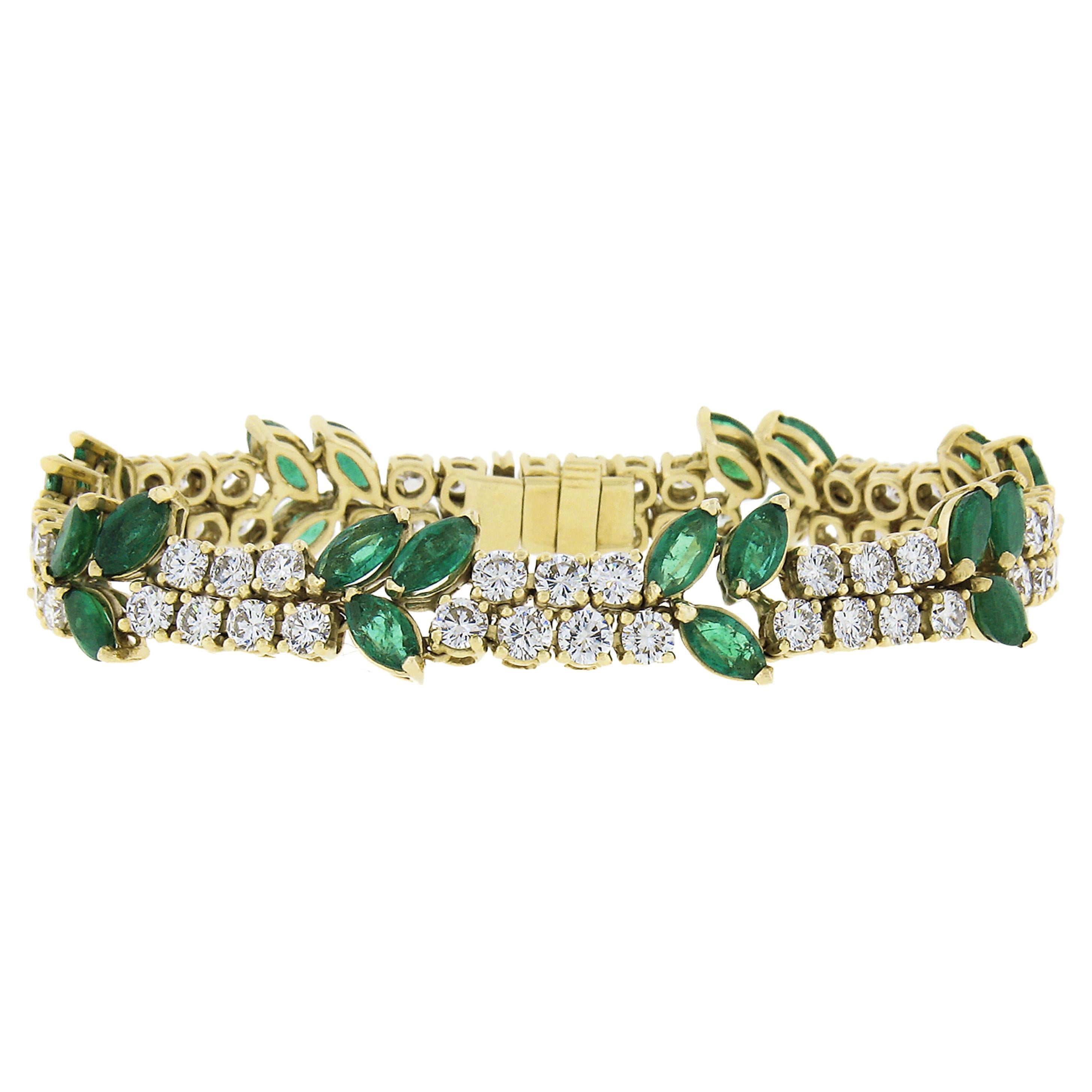 Vintage 18k Yellow Gold 17ctw Marquise Emerald & Diamond Floral Line Bracelet For Sale