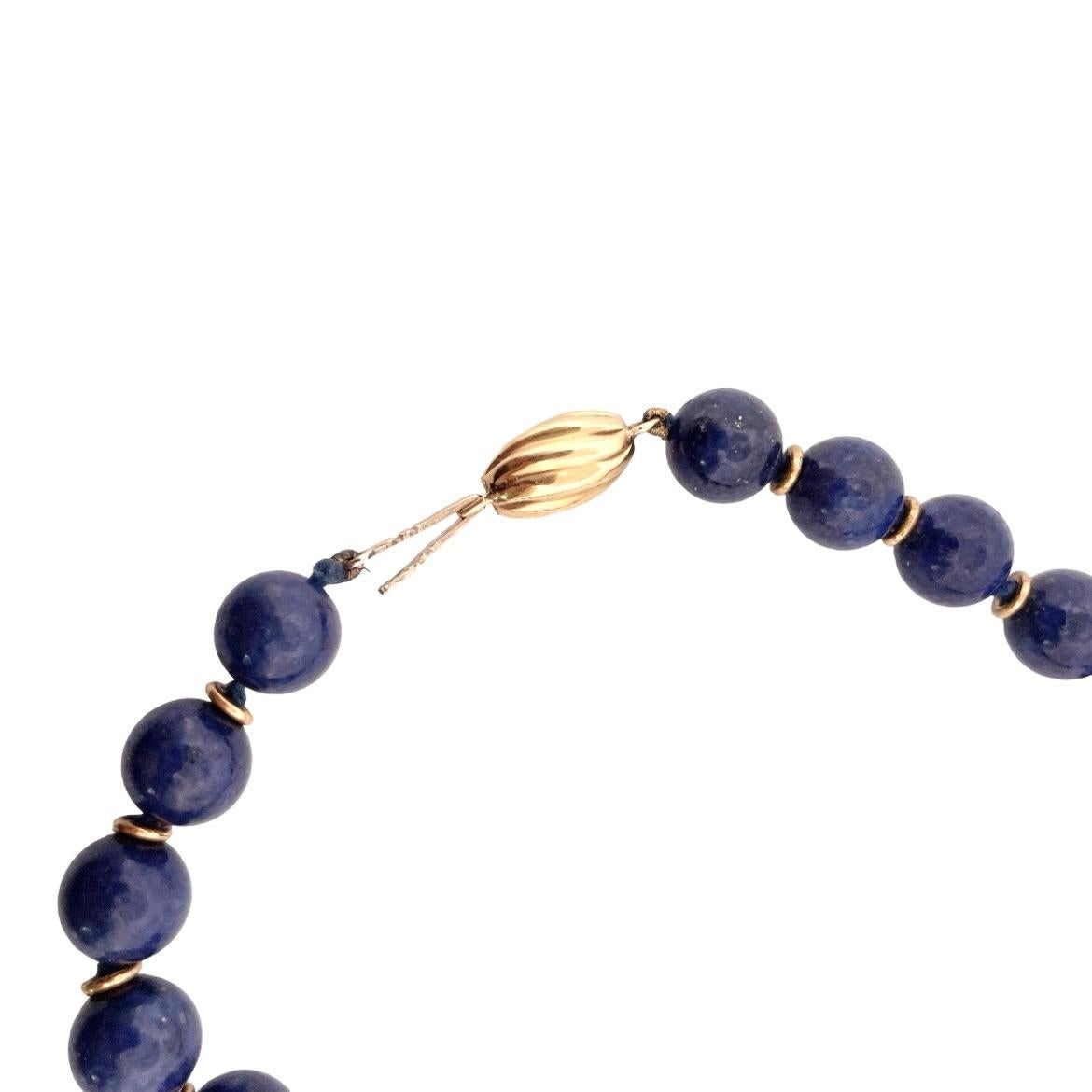 Women's or Men's Vintage 18K Yellow Gold 18 inches Lapis Lazuli Beaded Necklace For Sale