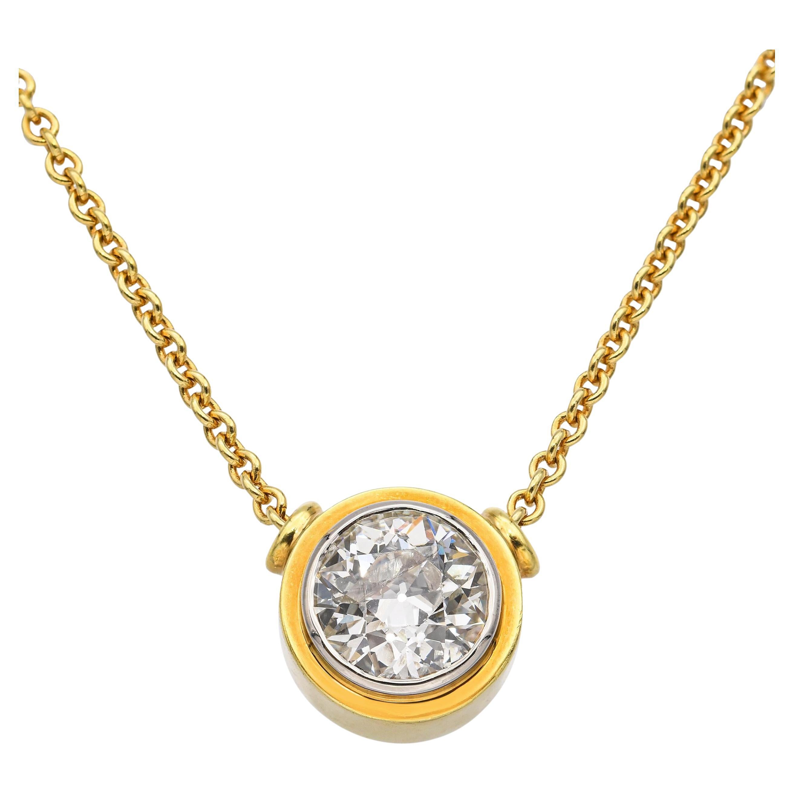 Vintage 18k Yellow Gold 1.8ct Old Euro Cut Diamond Solitaire Necklace GIA