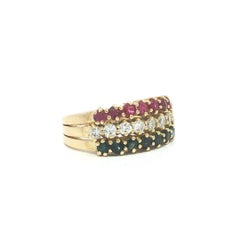 Vintage 18k Yellow Gold 1.8ctw Sapphire Diamond & Ruby 3 Row Band Ring