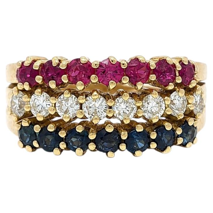 Vintage 18k Yellow Gold 1.8ctw Sapphire Diamond & Ruby 3 Row Band Ring