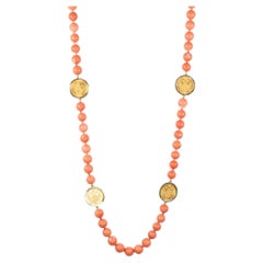 Vintage 18K Yellow Gold 1915 23K Austrian Gold Coin Coral Bead Station Necklace