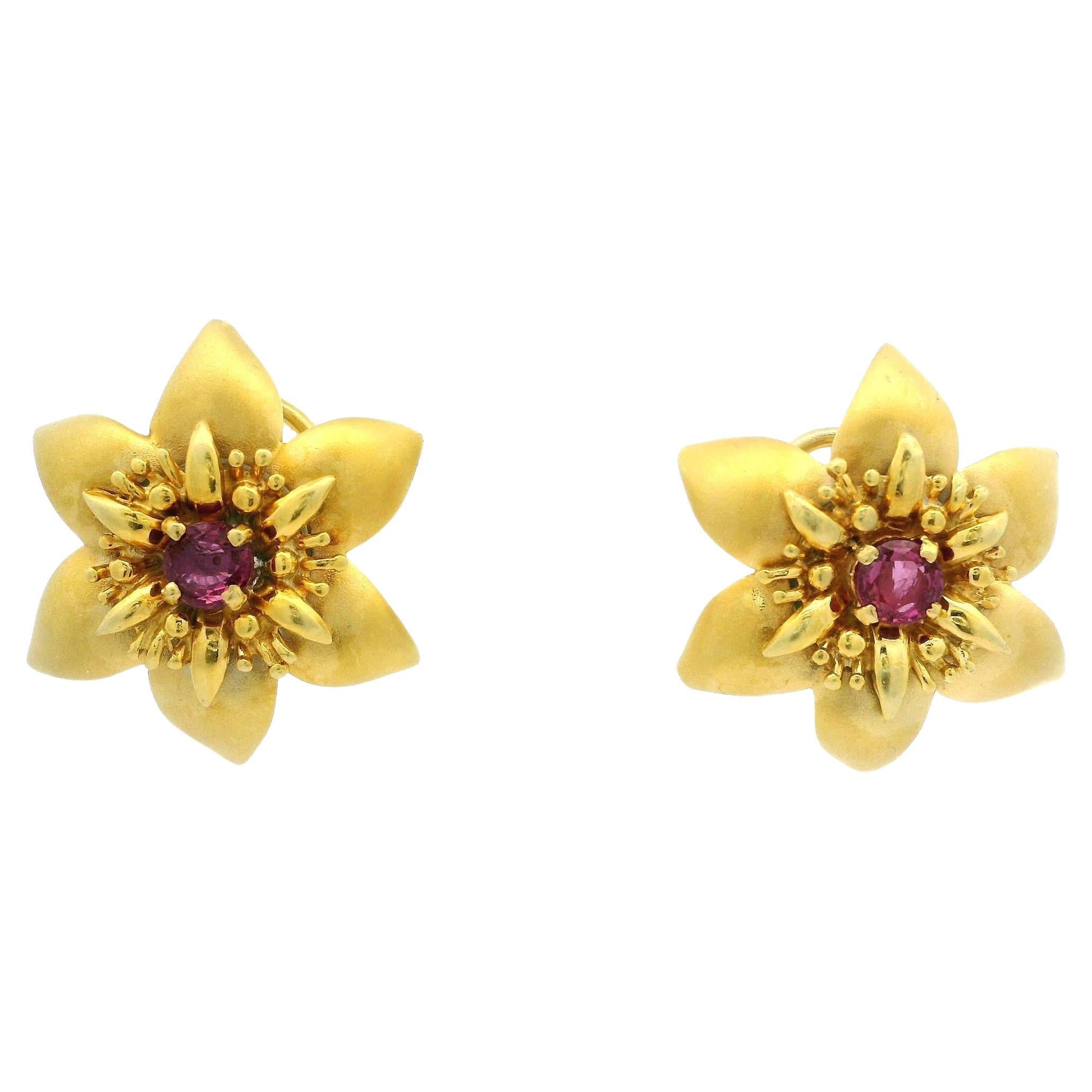 Vintage 18k Yellow Gold 1ct Ruby Detailed Satin Finish Flower Omega Earrings