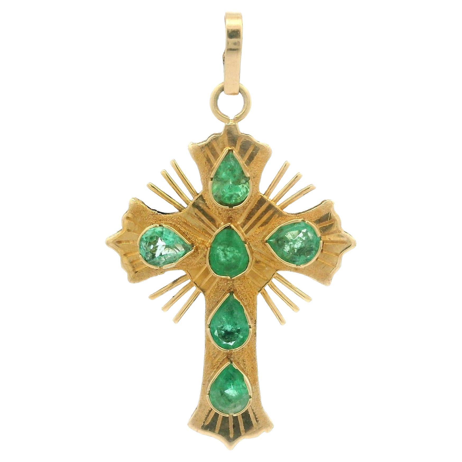 Vintage 18k Yellow Gold 1ctw Pear Cut Emerald Cross Pendant Charm For ...