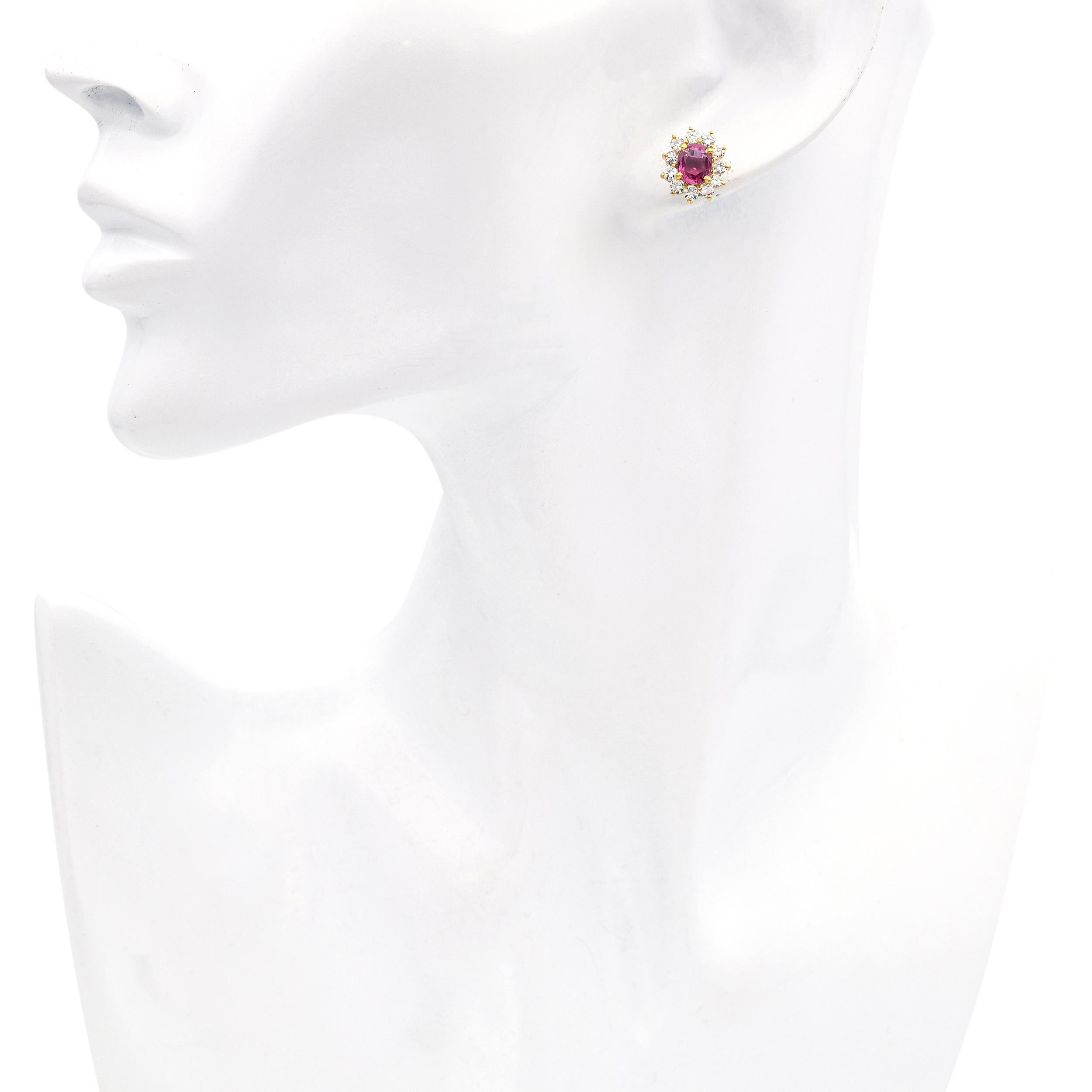 Mixed Cut Vintage 18k Yellow Gold 2.01tcw Ruby and 0.66tcw Diamond Halo Earring Studs For Sale