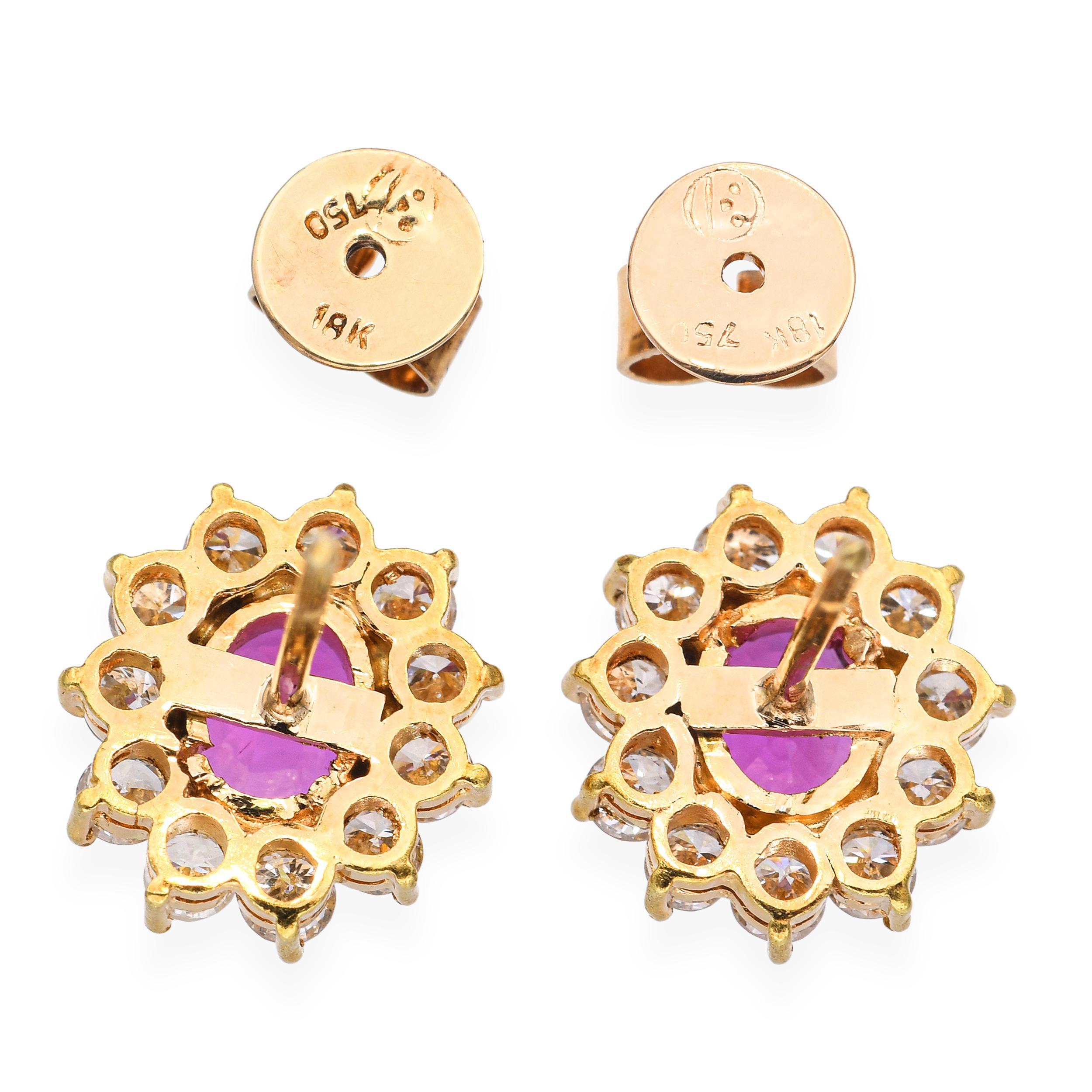 Vintage 18k Yellow Gold 2.01tcw Ruby and 0.66tcw Diamond Halo Earring Studs In Good Condition For Sale In New York, NY