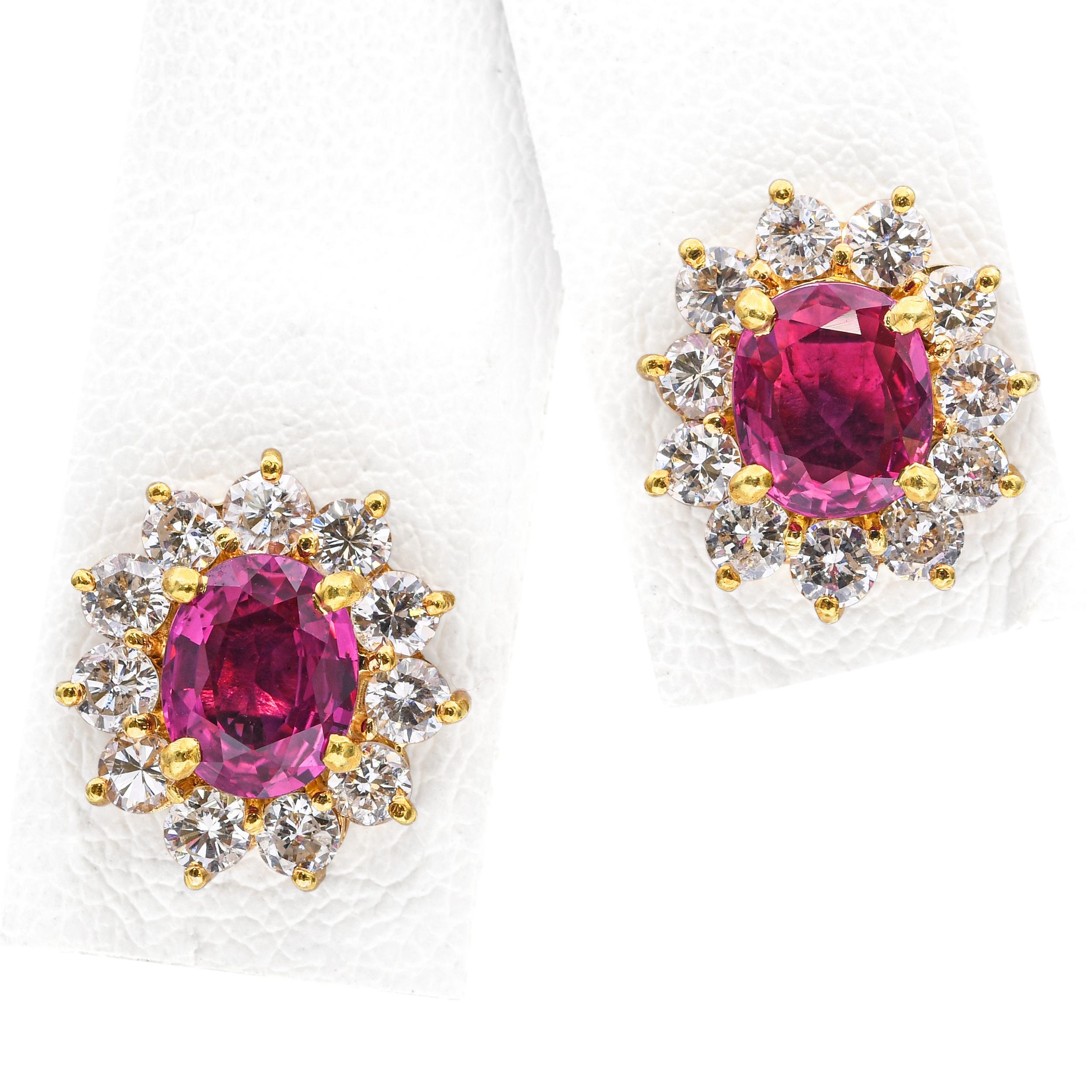 Women's Vintage 18k Yellow Gold 2.01tcw Ruby and 0.66tcw Diamond Halo Earring Studs For Sale