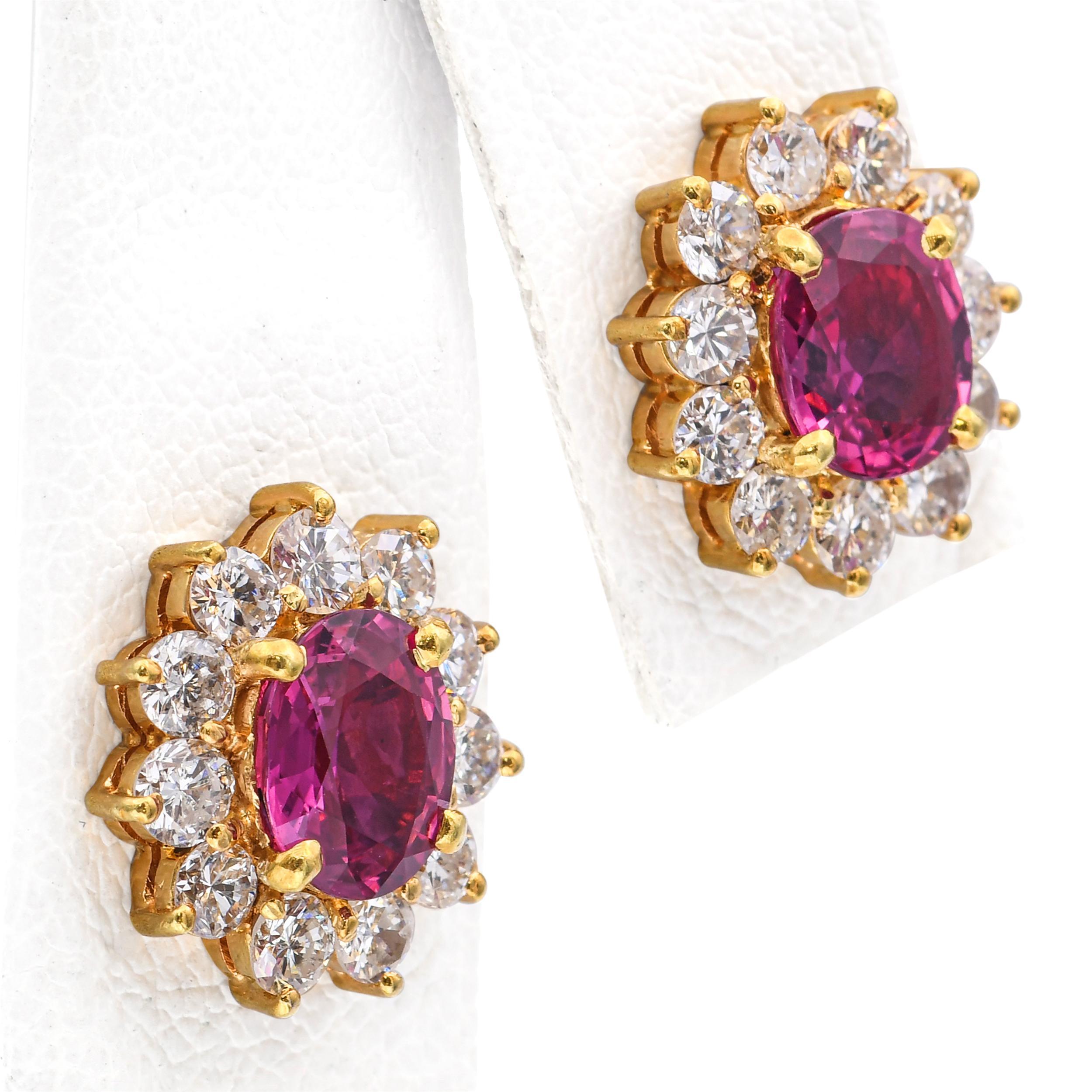 Vintage 18k Yellow Gold 2.01tcw Ruby and 0.66tcw Diamond Halo Earring Studs For Sale 1