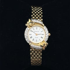 Vintage 18k Yellow Gold 24mm Panther Diamond Case 7" Link Wrist Watch Bracelet