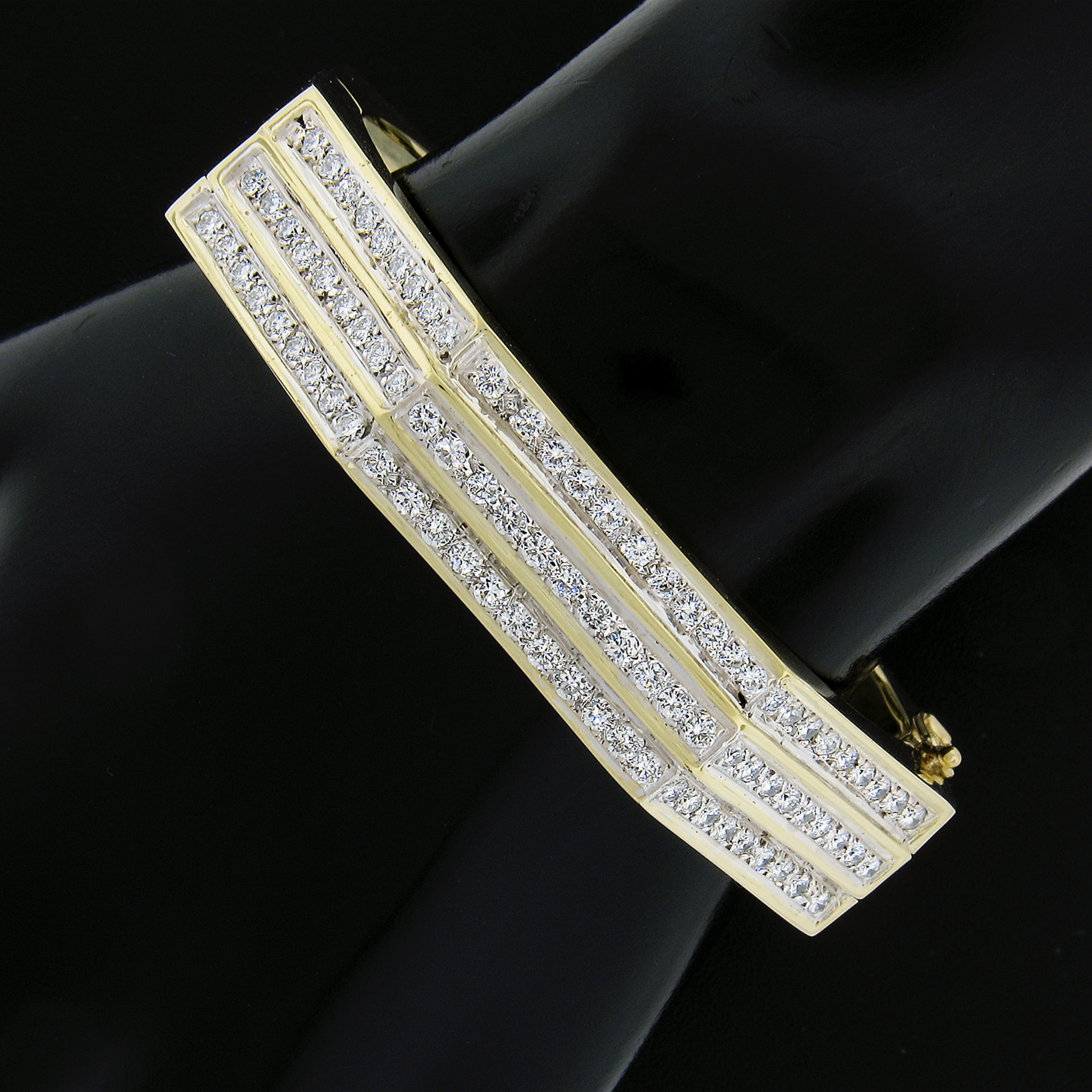 Round Cut Vintage 18k Yellow Gold 2.50ctw Diamond Geometric 3 Row Hinged Bangle Bracelet For Sale