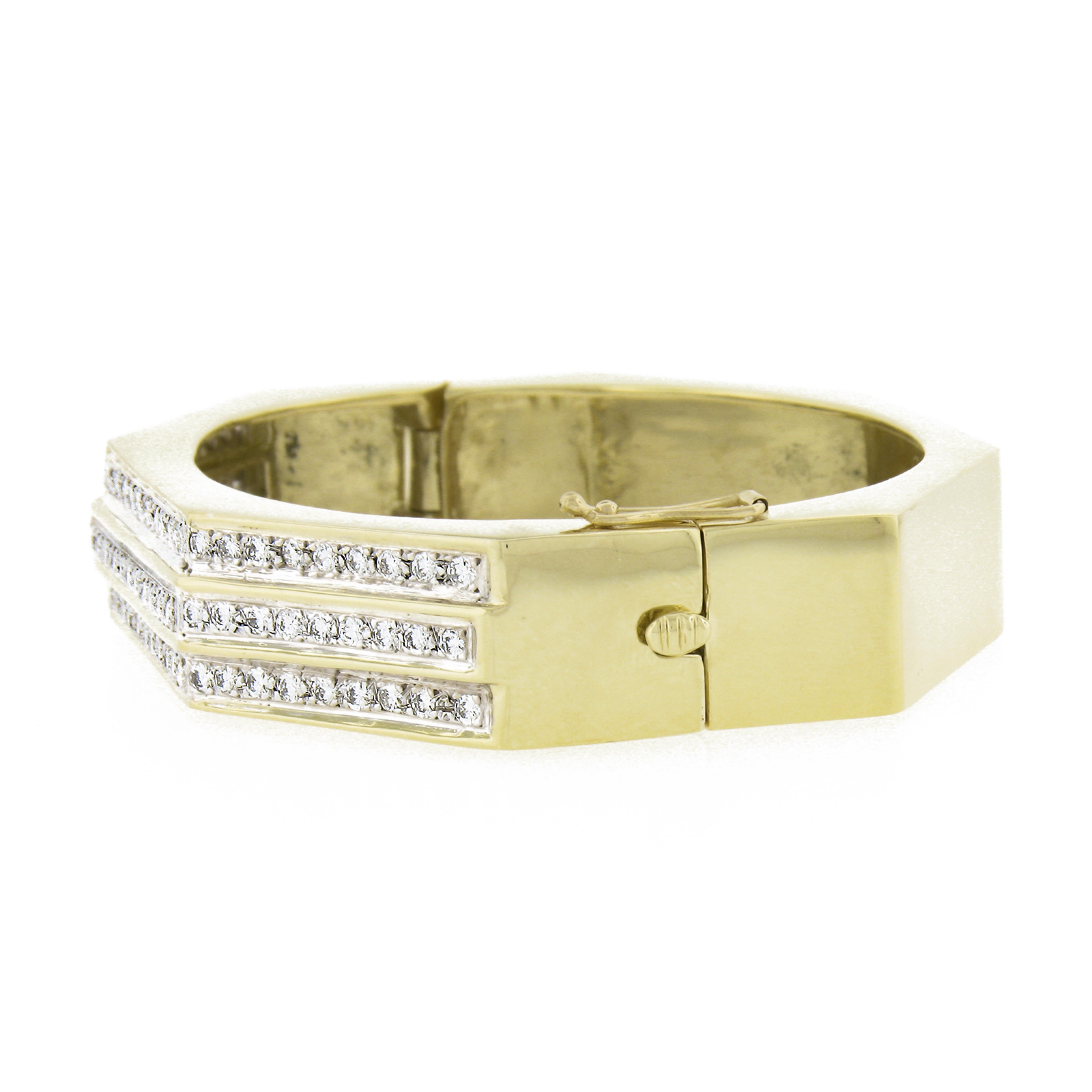 Women's Vintage 18k Yellow Gold 2.50ctw Diamond Geometric 3 Row Hinged Bangle Bracelet For Sale