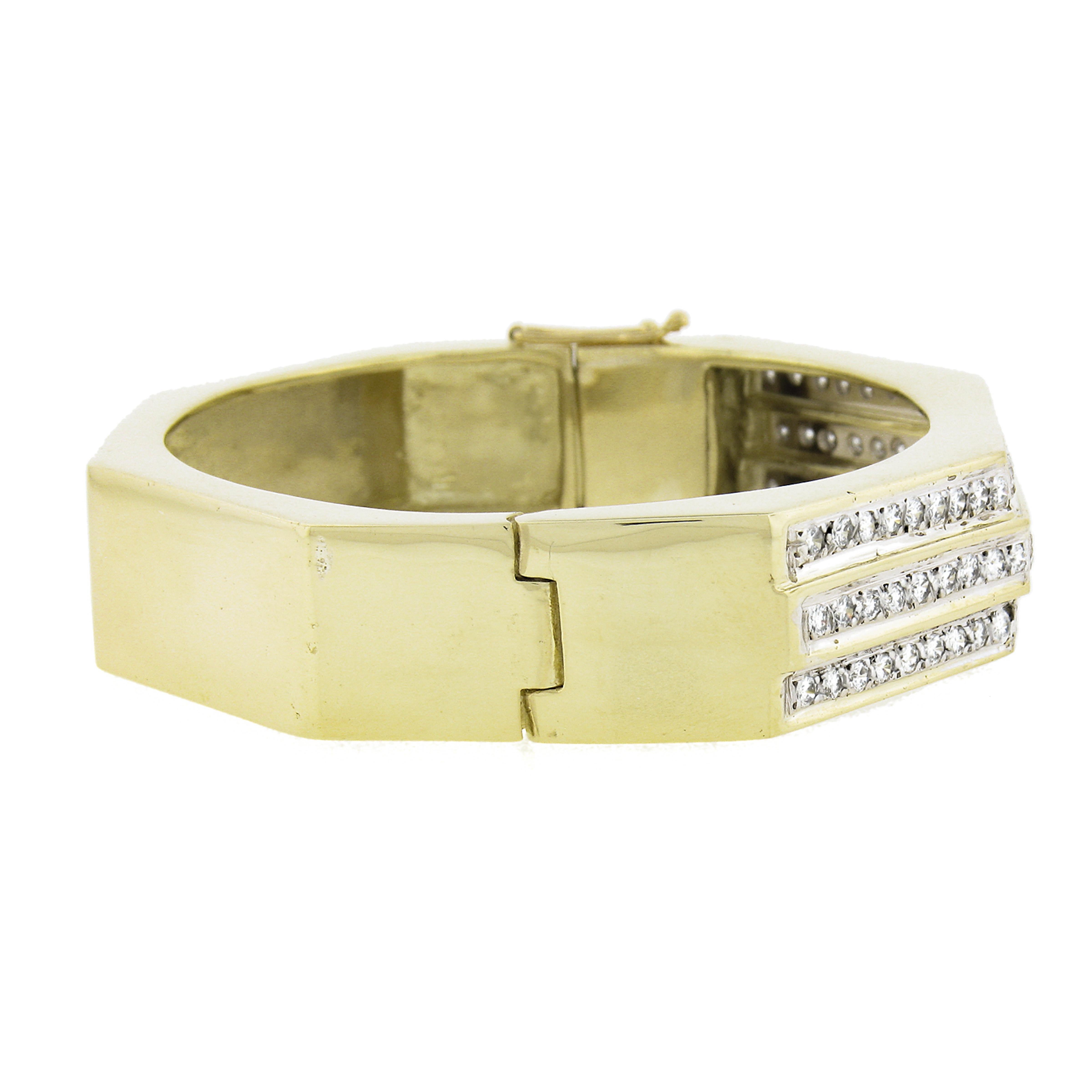 Vintage 18k Yellow Gold 2.50ctw Diamond Geometric 3 Row Hinged Bangle Bracelet For Sale 1