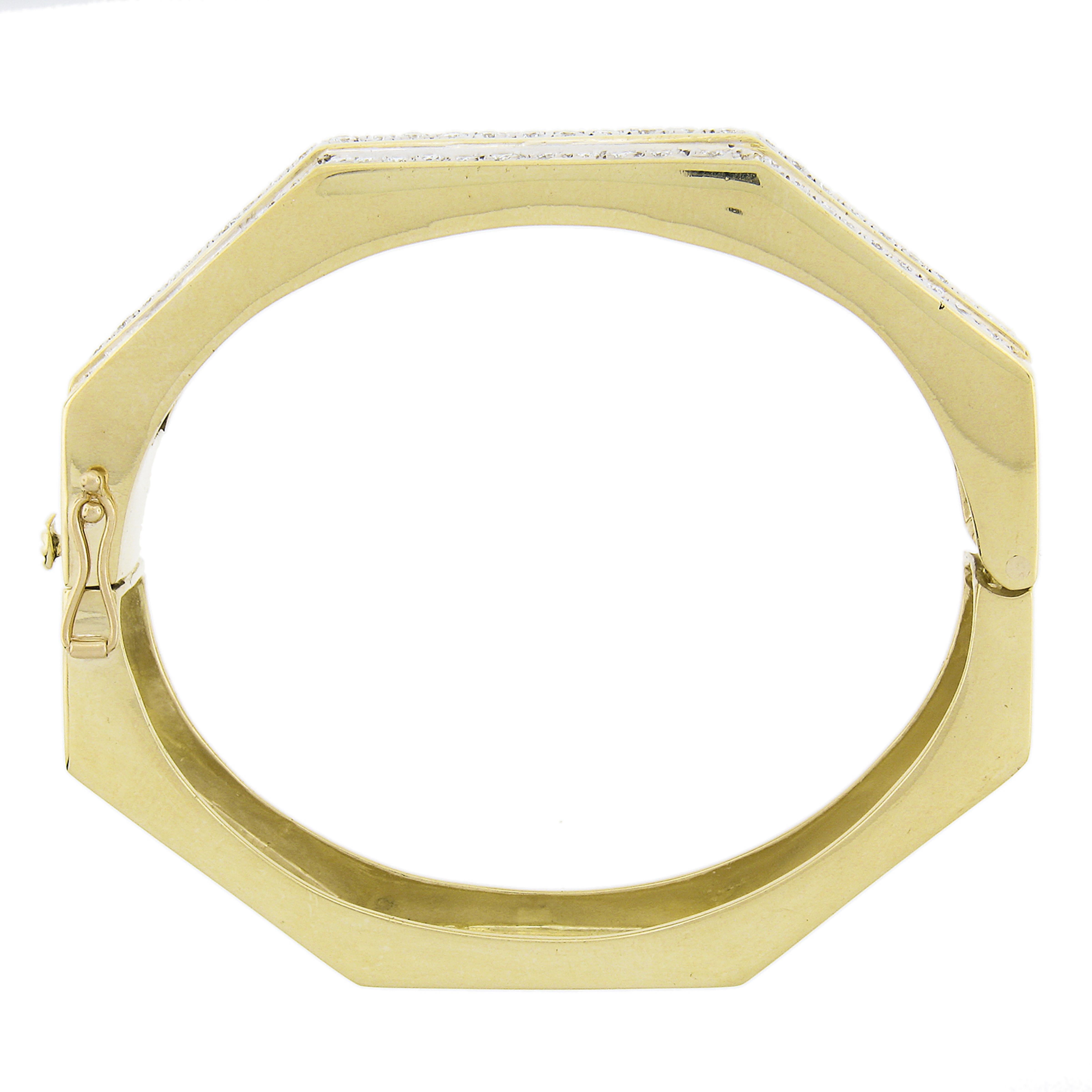 Vintage 18k Yellow Gold 2.50ctw Diamond Geometric 3 Row Hinged Bangle Bracelet For Sale 2