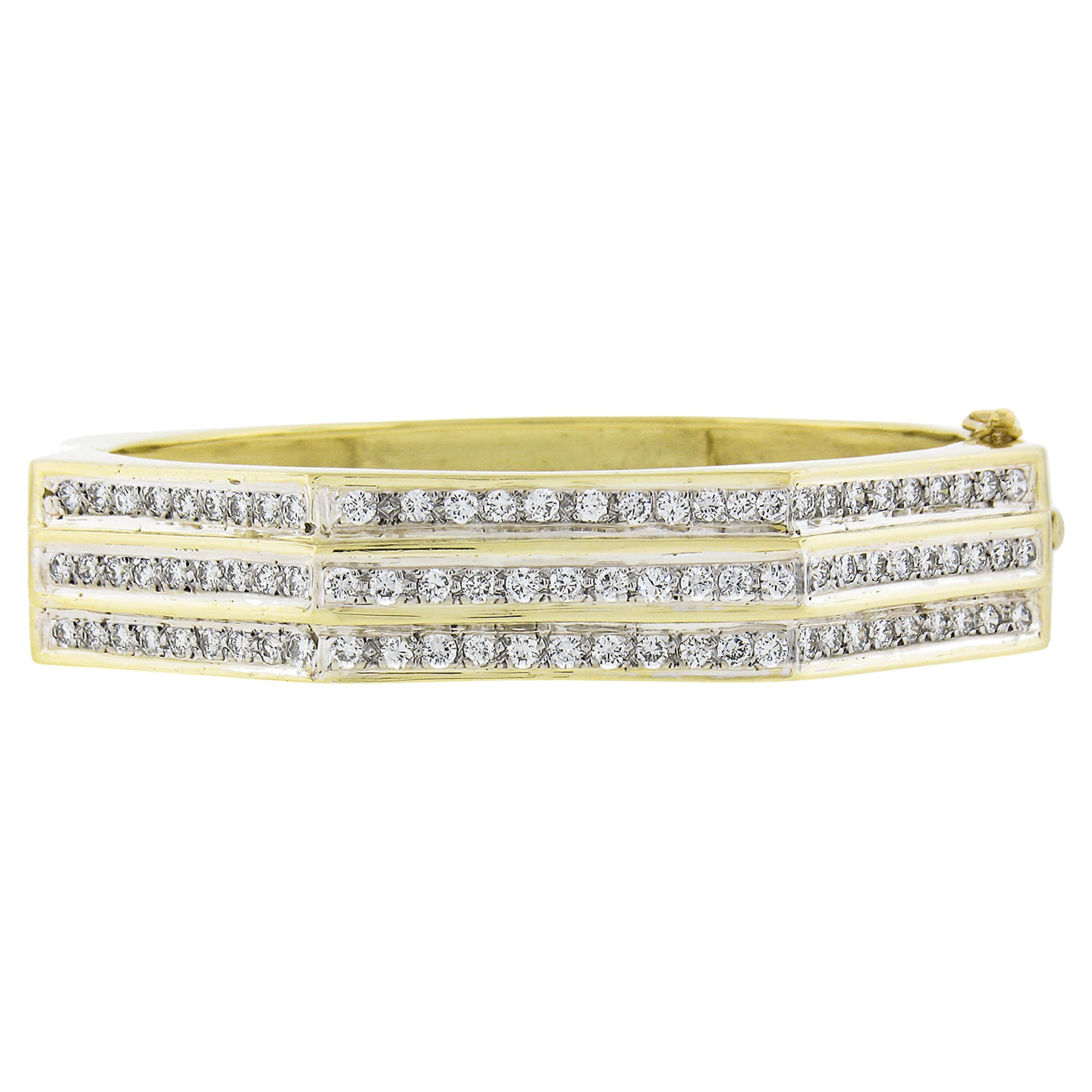 Vintage 18k Yellow Gold 2.50ctw Diamond Geometric 3 Row Hinged Bangle Bracelet For Sale