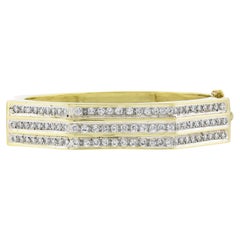 Vintage 18k Yellow Gold 2.50ctw Diamond Geometric 3 Row Hinged Bangle Bracelet