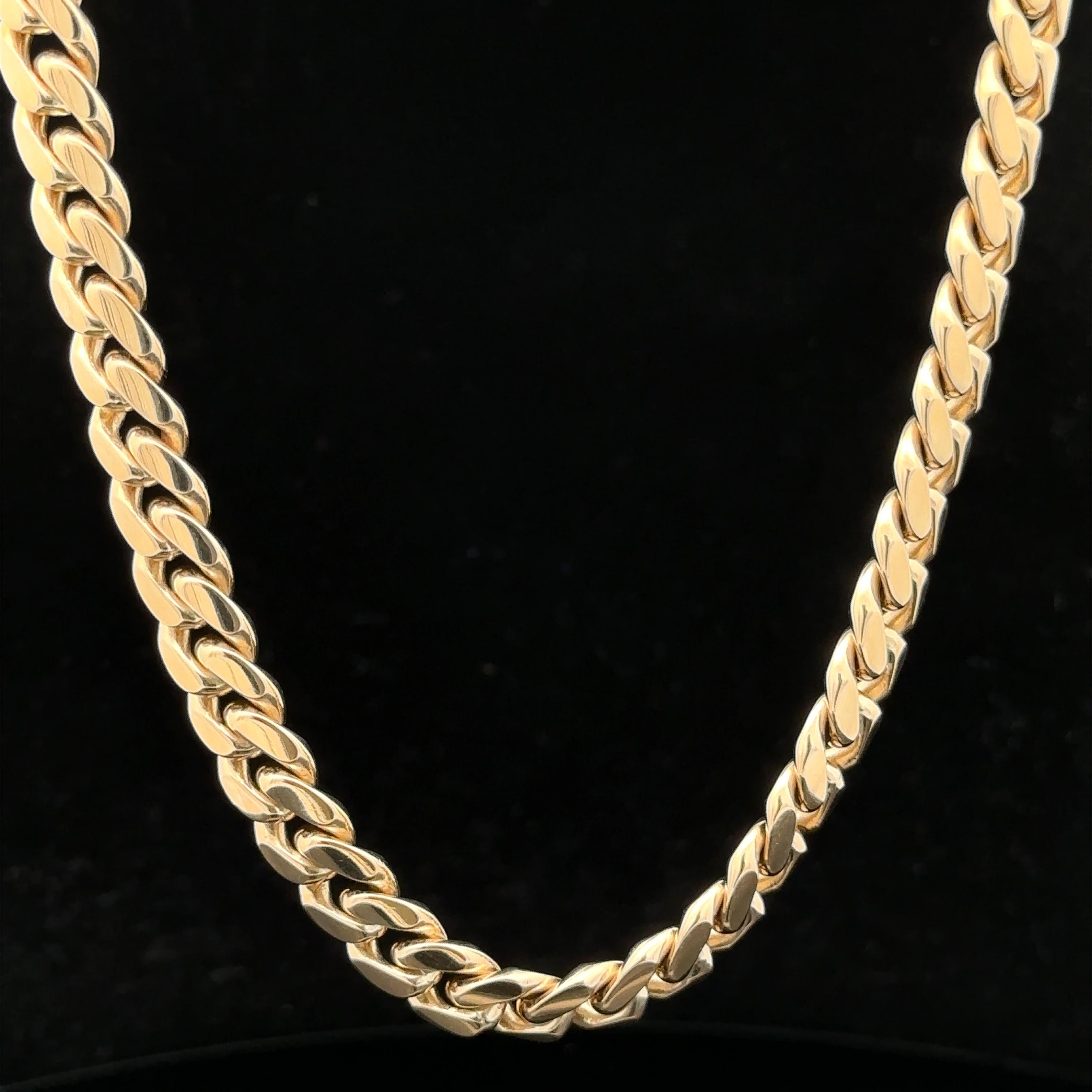MATERIAL : Or jaune 18k massif
Poids : 142,11 grammes
Type de chaîne : Chaîne à maillons cubains de Miami
Longueur de la chaîne : 26 pouces
Largeur de la chaîne : 7,6 mm (0,29