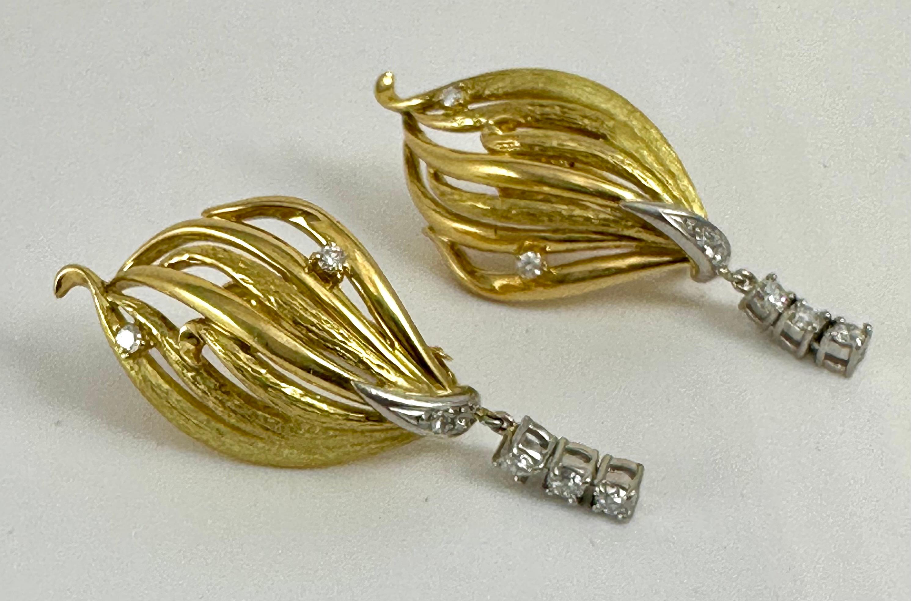 Vintage 18k textured yellow gold  ~ 3/4” x 1 1/2”  ~ Diamond Screw  Clip - On Earrings with 3 diamond stone dangles ~ 
14 Diamonds total 