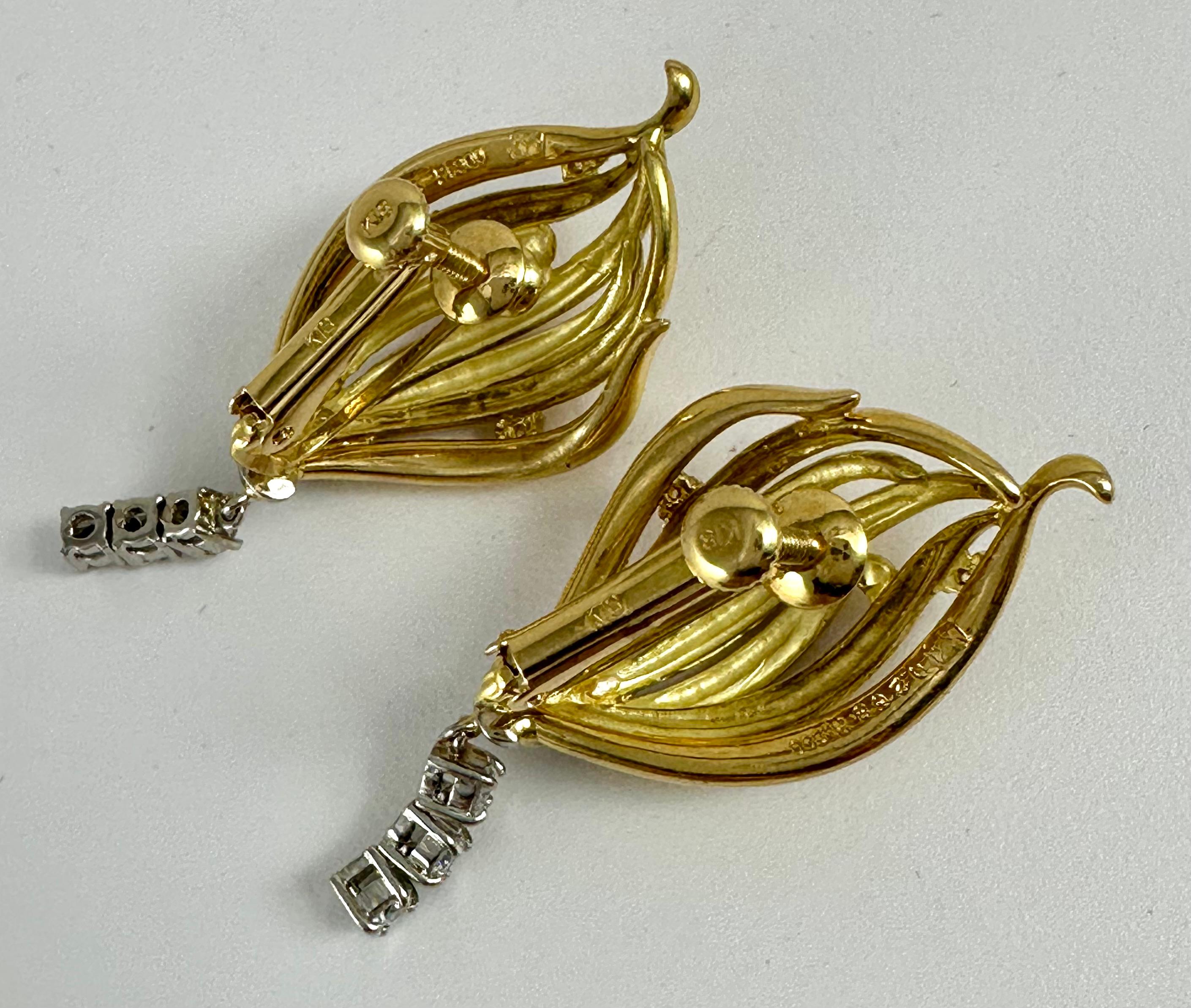 Artisan Vintage 18k Yellow Gold 3/4” x 1 1/2” ~ Screw Clip On ~ Diamond Earrings For Sale