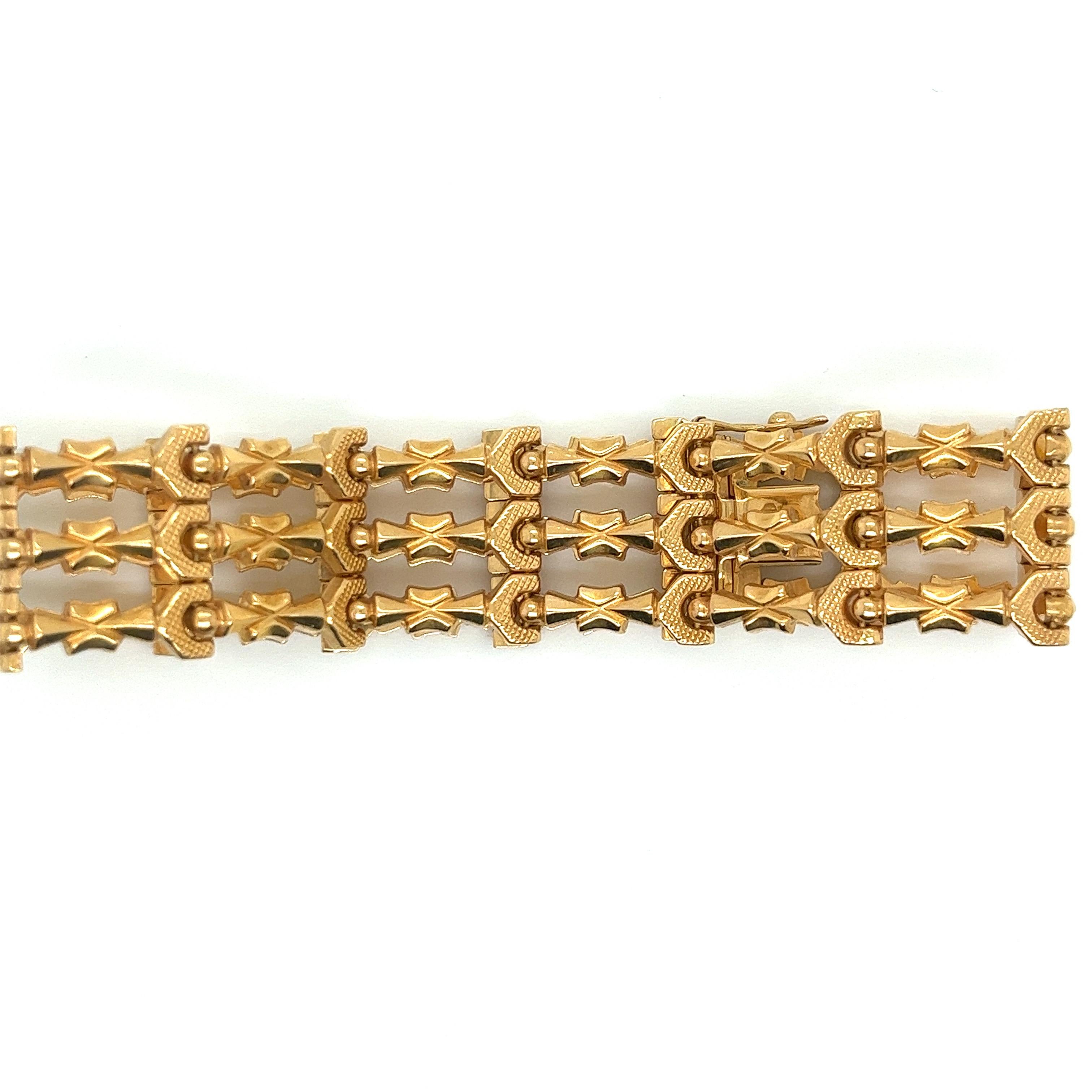 Art Deco Vintage 18k Yellow Gold 3 Row Link Bracelet For Sale