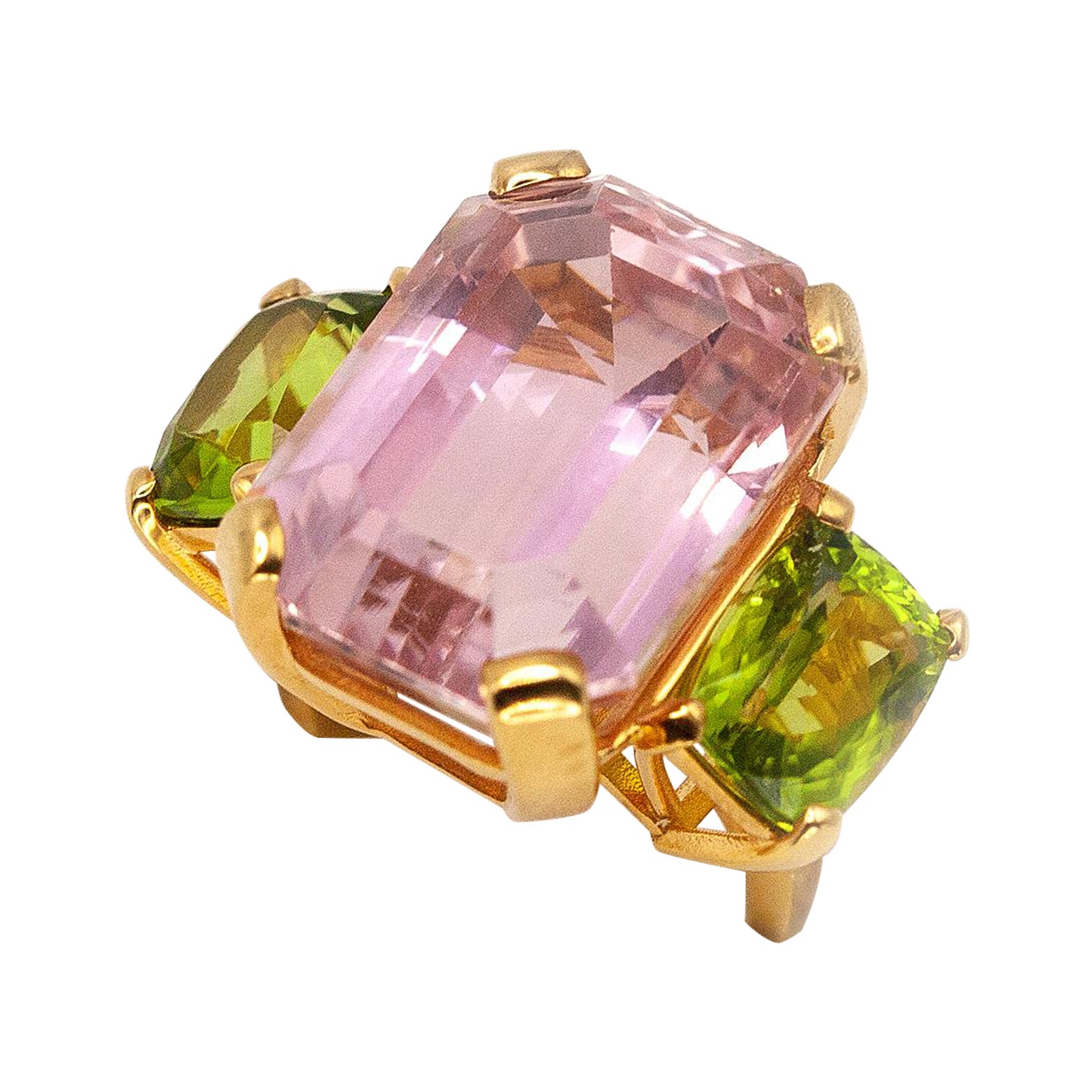 Bague en or jaune 18K 30 carats Kunzite rose et péridot