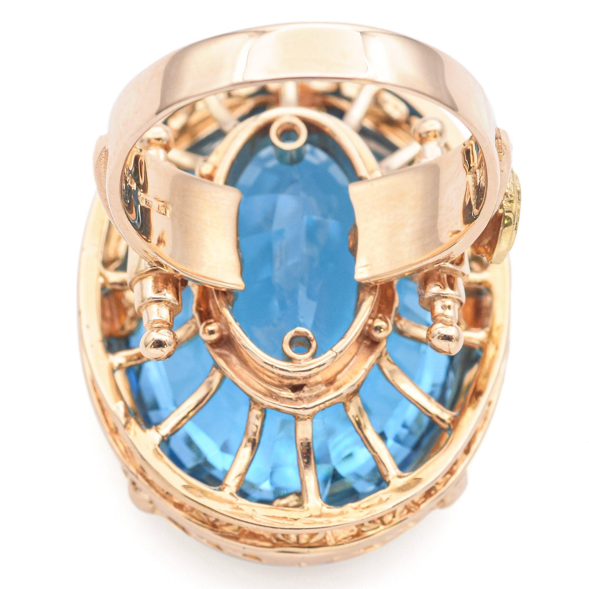 Vintage 18K Yellow Gold 31.63 Ct Blue Topaz Oval Cocktail Ring im Angebot 1