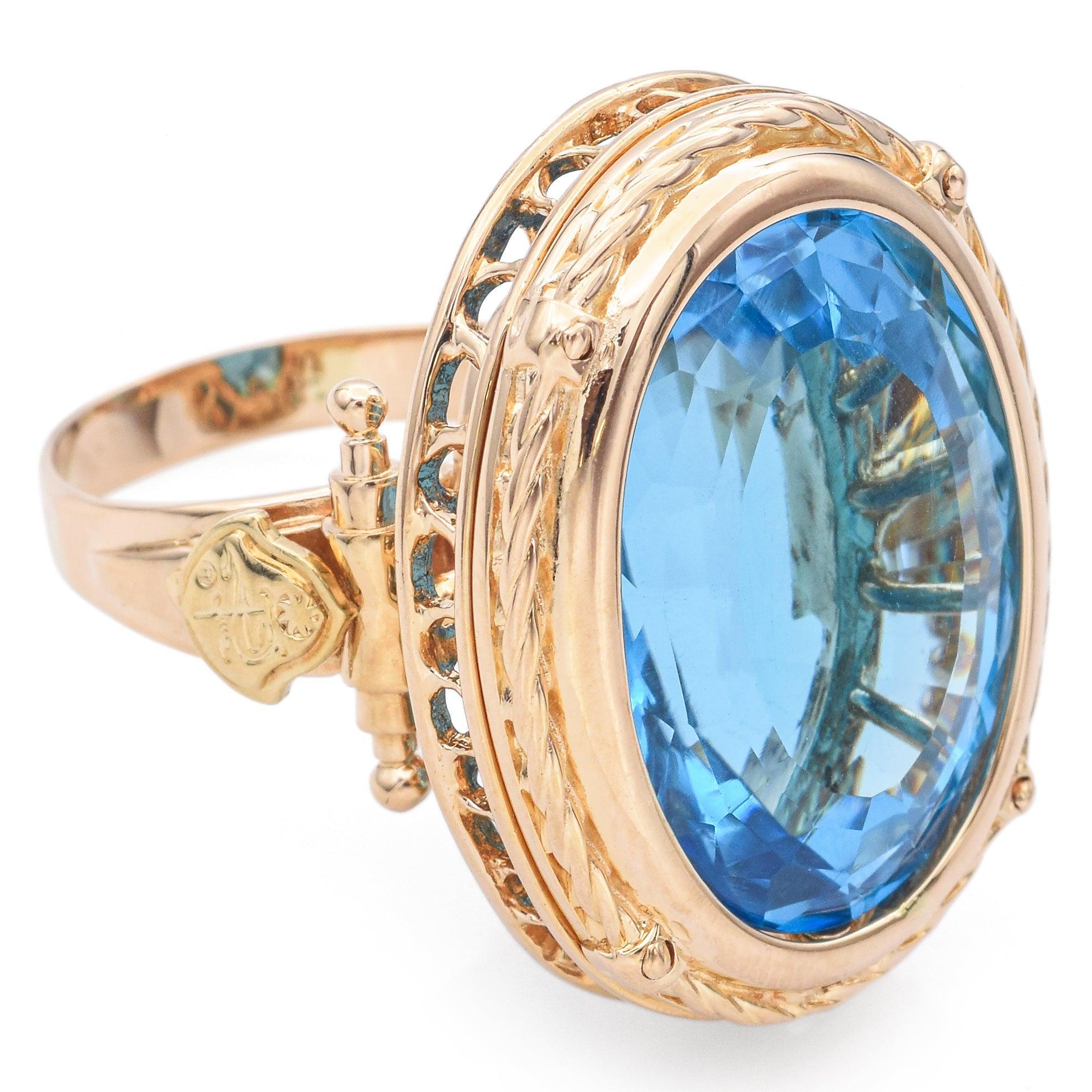 Vintage 18K Yellow Gold 31.63 Ct Blue Topaz Oval Cocktail Ring im Angebot 2