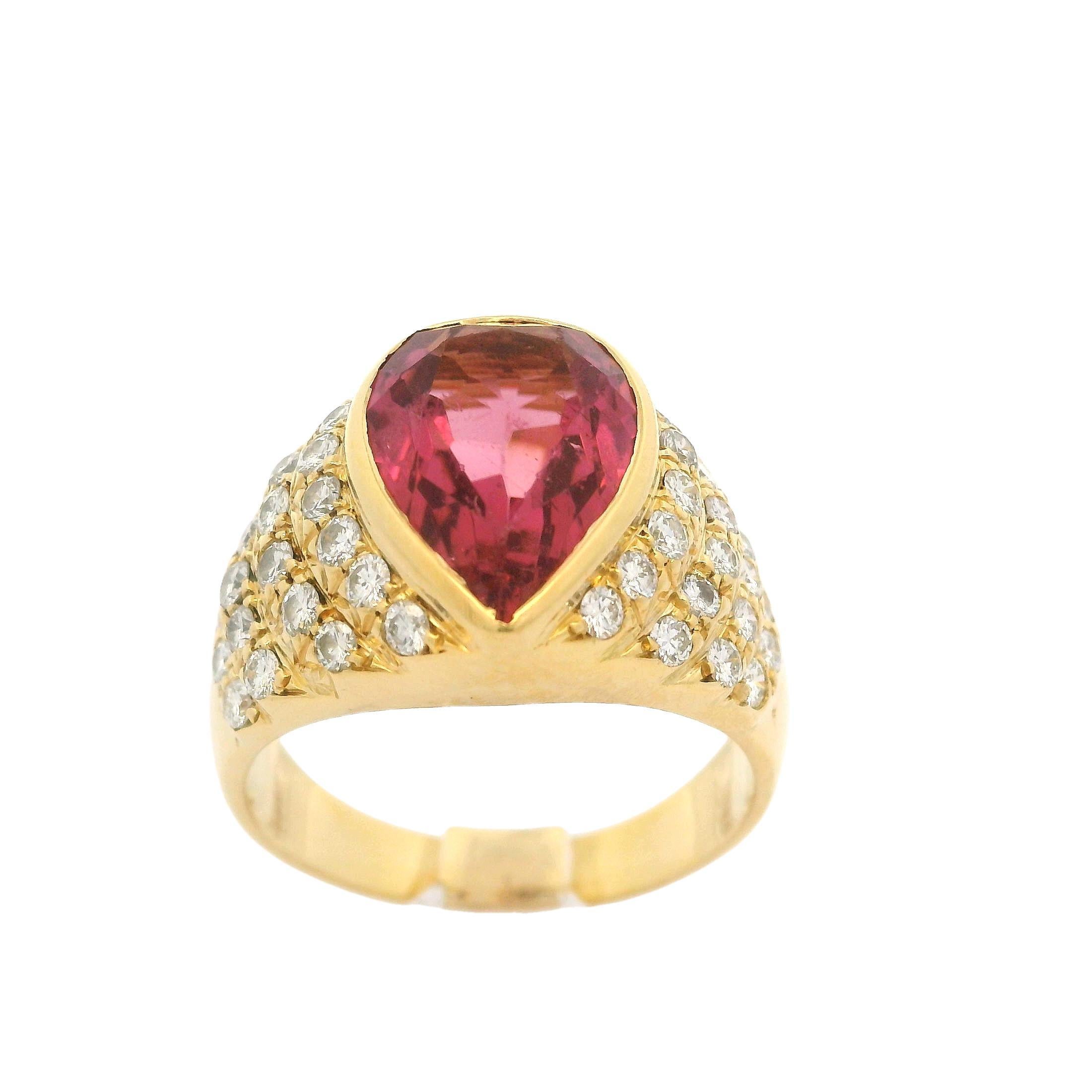 Vintage 18k Yellow Gold 3.5ctw Pear Cut Tourmaline & Diamond Statement Ring For Sale 5