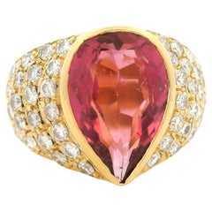 Anillo vintage de oro amarillo de 18 quilates con turmalina talla pera y diamantes de 3,5 quilates