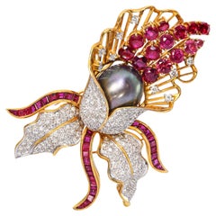 Vintage 18k Yellow Gold 4.19tcw Ruby Diamond & Tahitian Pearl Flower Brooch