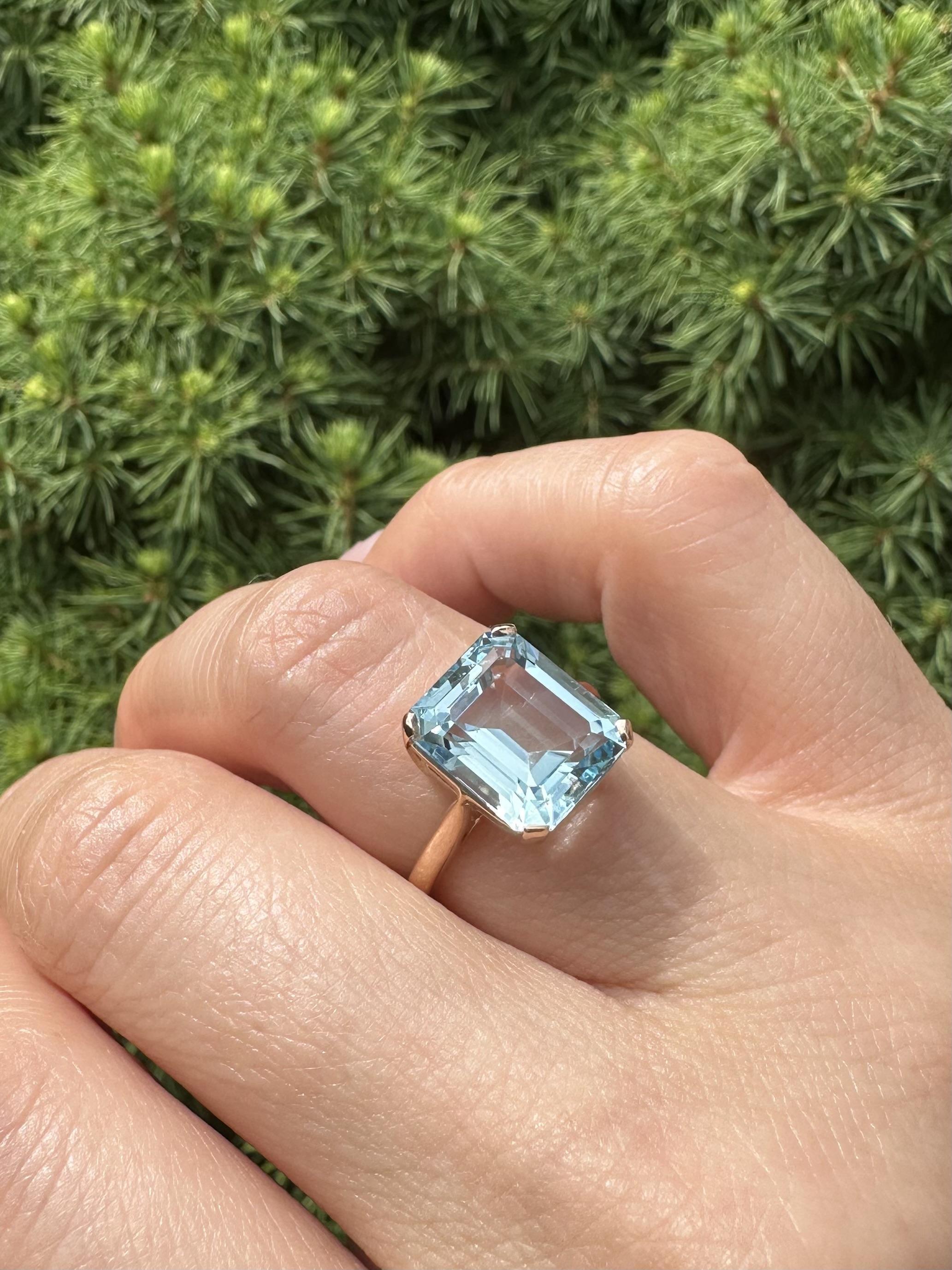 Vintage 18k Gelbgold 4,36ct Smaragdschliff Aquamarin Solitär Ring im Angebot 10