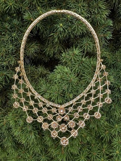 Vintage 18k Yellow Gold 47.8ctw Diamond Snowflake Cluster Bib Statement Necklace