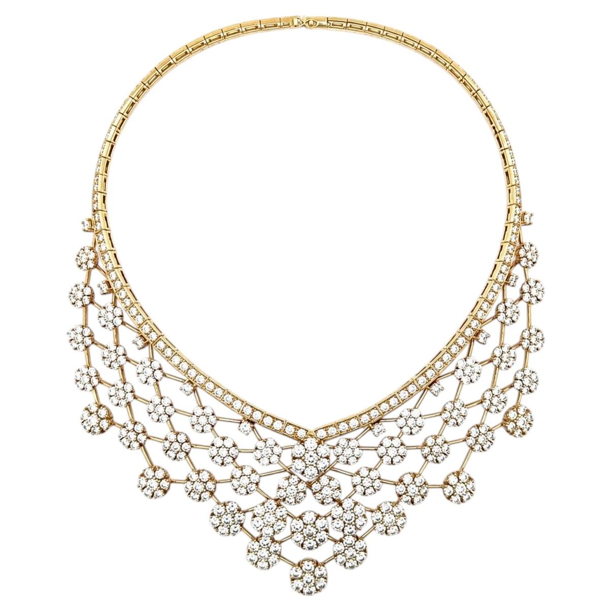 Vintage 18k Yellow Gold 47.8ctw Diamond Snowflake Cluster Bib Statement Necklace
