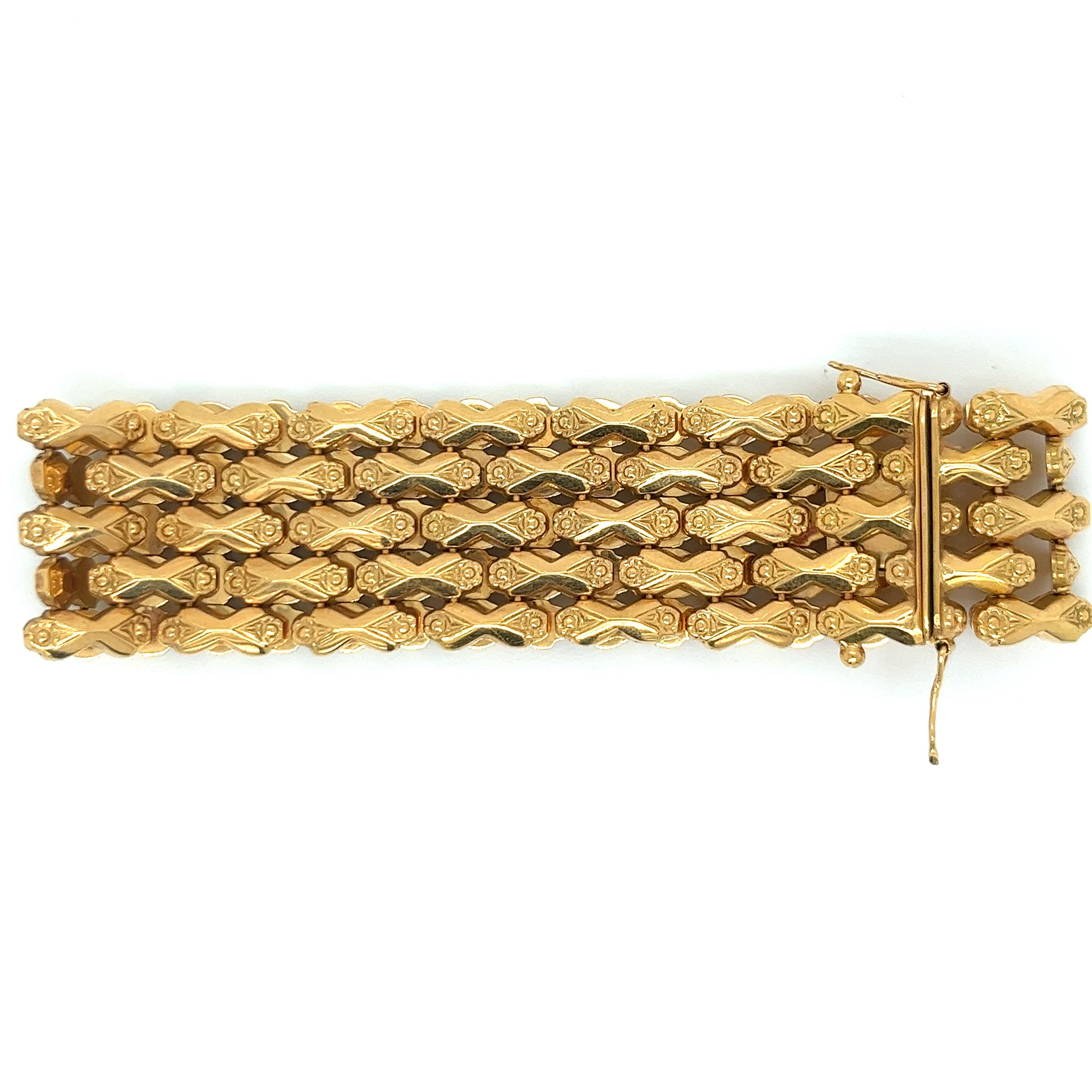 Vintage 18k Yellow Gold 5 Row Wide Link Bracelet In Good Condition For Sale In Boston, MA