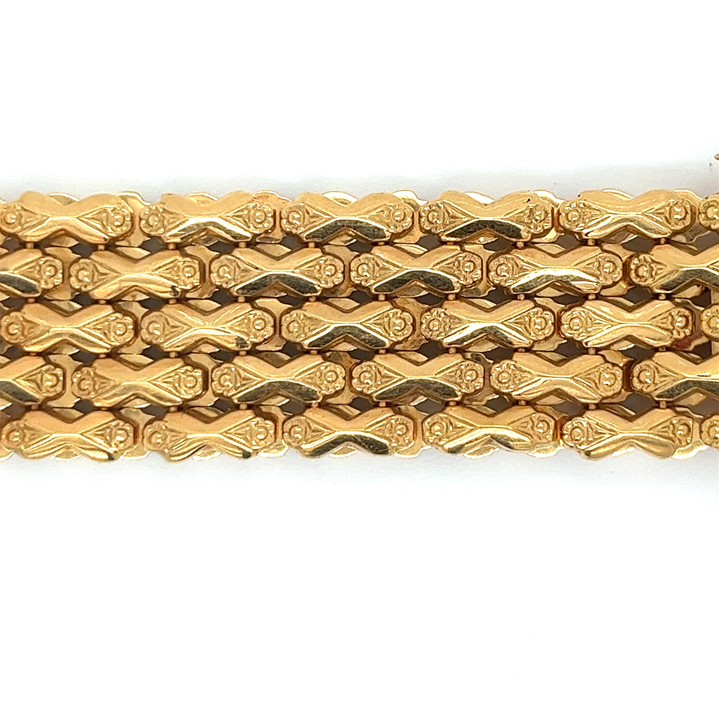 Retro Vintage 18k Yellow Gold 5 Row Wide Link Bracelet For Sale