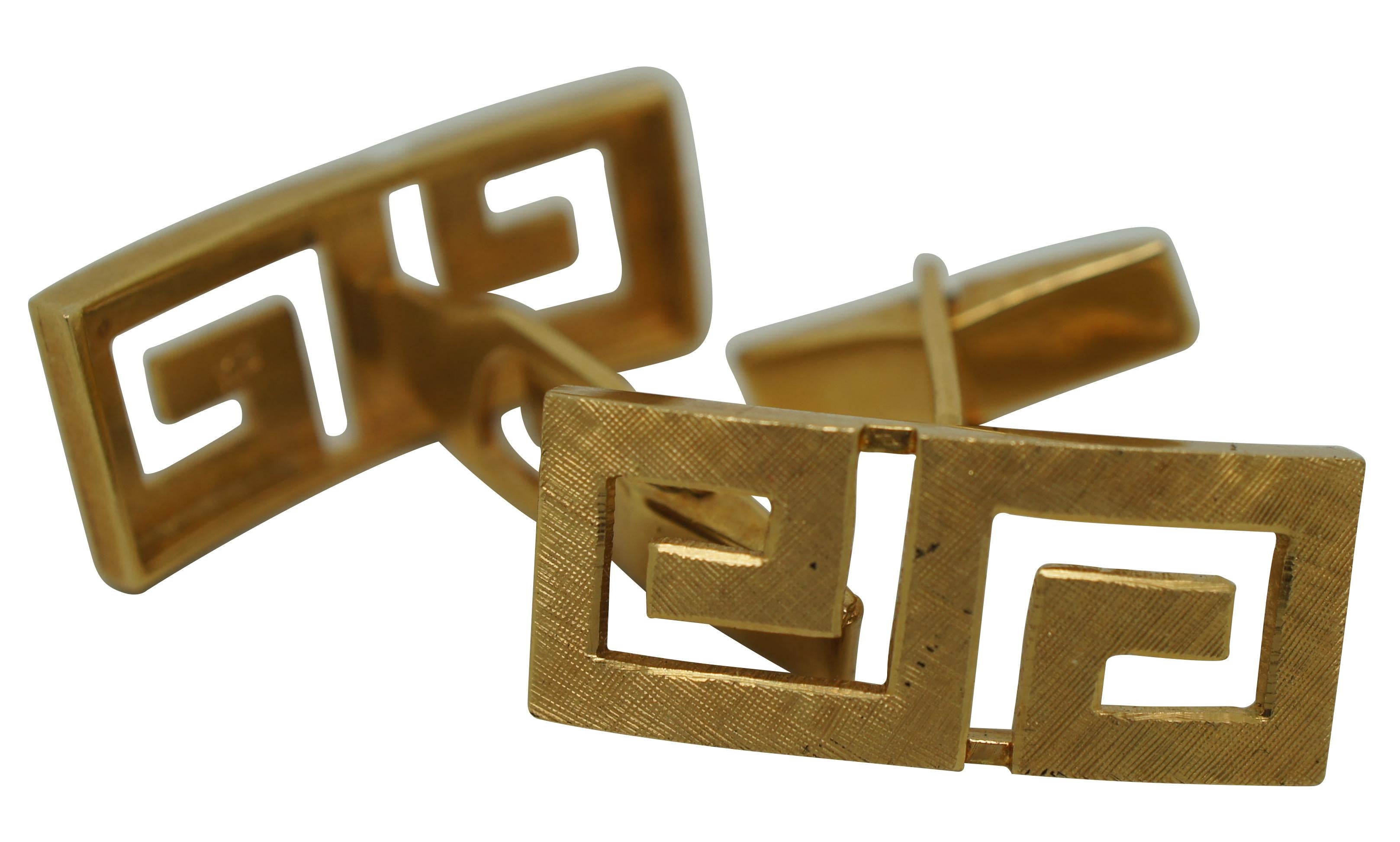 Classical Greek Vintage 18k Yellow Gold 585 Geometric Greek Key Mens Jewelry Cuff Links 15g For Sale