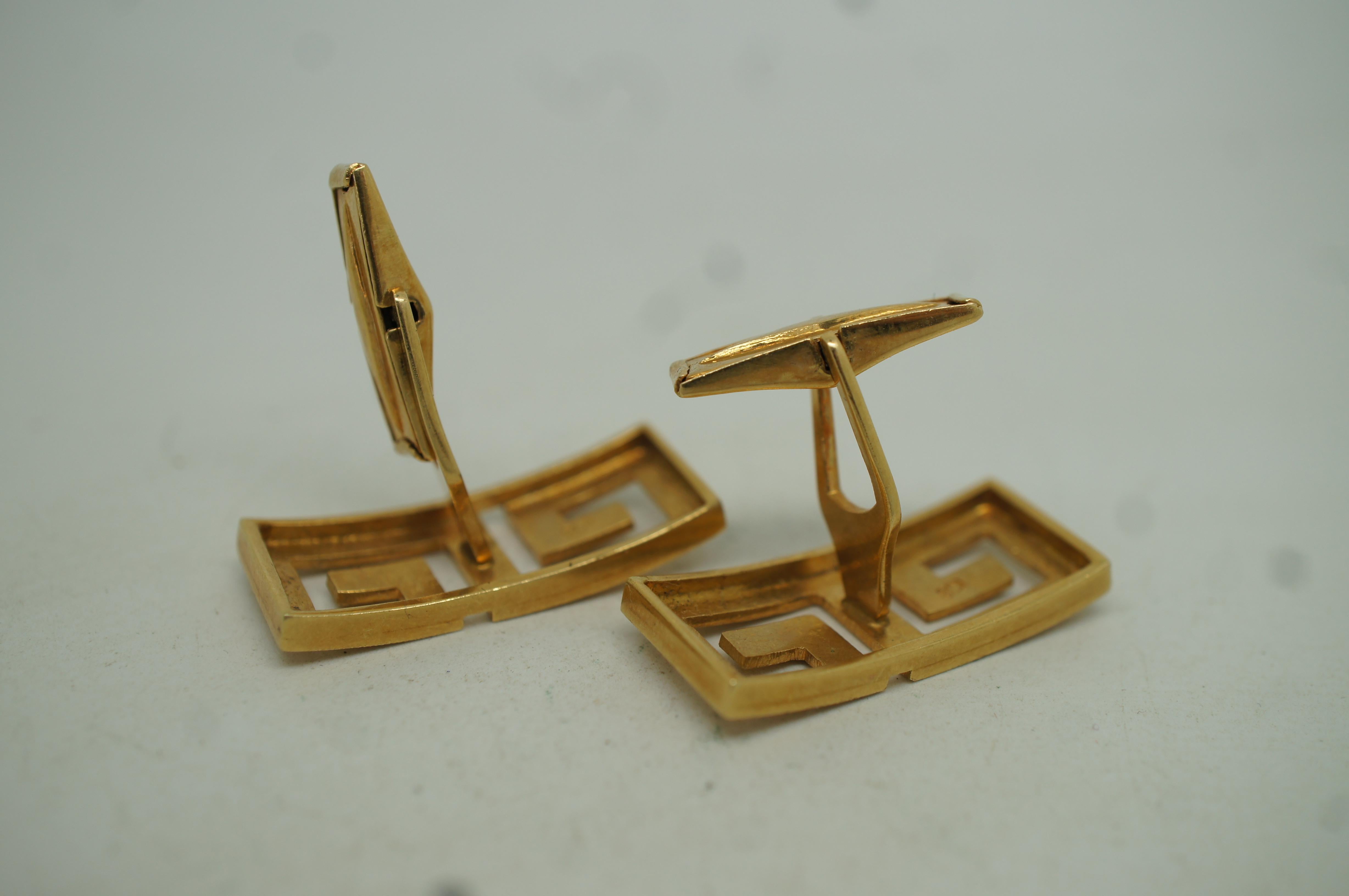 Vintage 18k Yellow Gold 585 Geometric Greek Key Mens Jewelry Cuff Links 15g In Good Condition For Sale In Dayton, OH