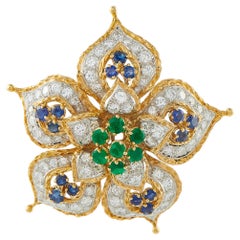 Vintage 18K Yellow Gold 6.0ct Diamond, Emerald, and Sapphire Brooch MF02-061826