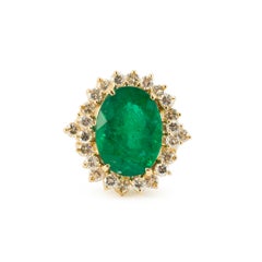 Vintage 18K Yellow Gold 6.68ct Gia Brazilian Emerald Halo Diamond Cocktail Ring