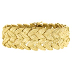 Vintage 18k Yellow Gold Dual Row Textured Leaf Wide Strap Bracelet