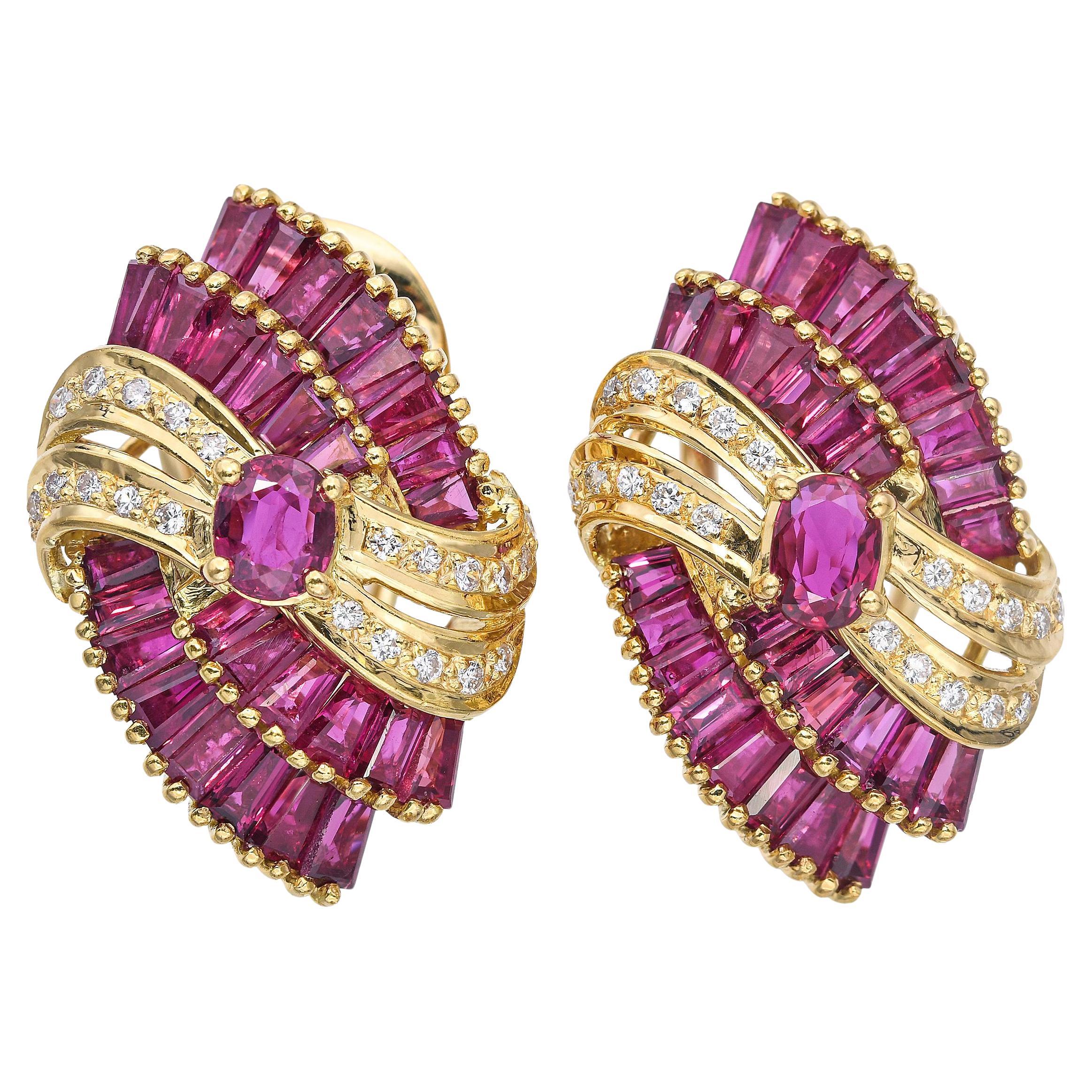 Vintage 18k Yellow Gold 6.78tcw Ruby and Diamond Earrings